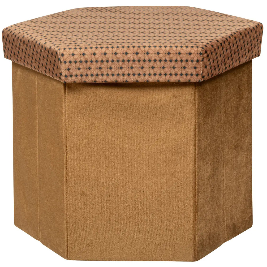 Poef/krukje Jiling zeshoek - Opvouwbaar/opslag box - Camel bruin - D40 x H38 cm - MDF/polyester -