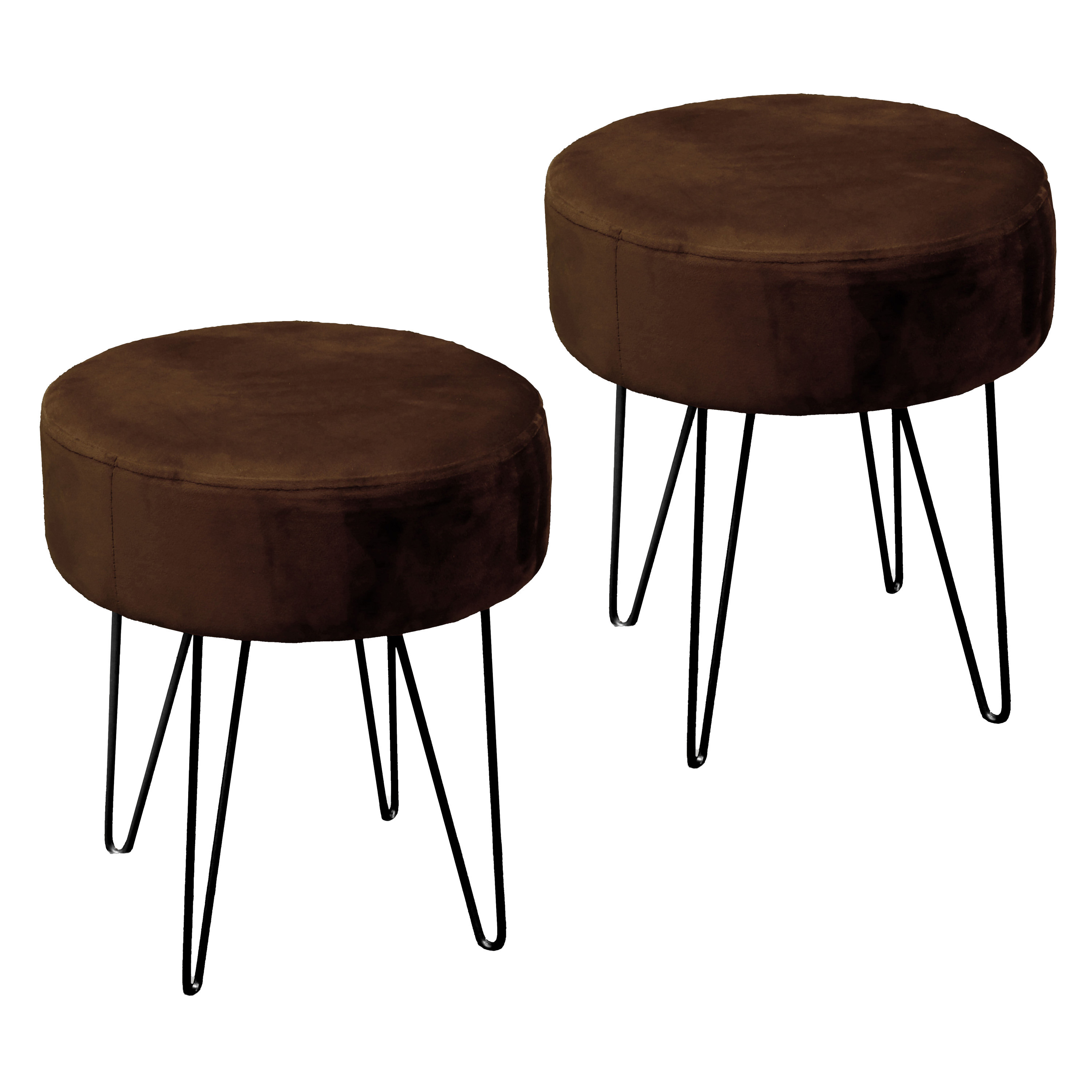 Velvet kruk Davy - 2x - donker bruin - metaal/stof - D35 x H40 cm - bijzet stoeltjes -