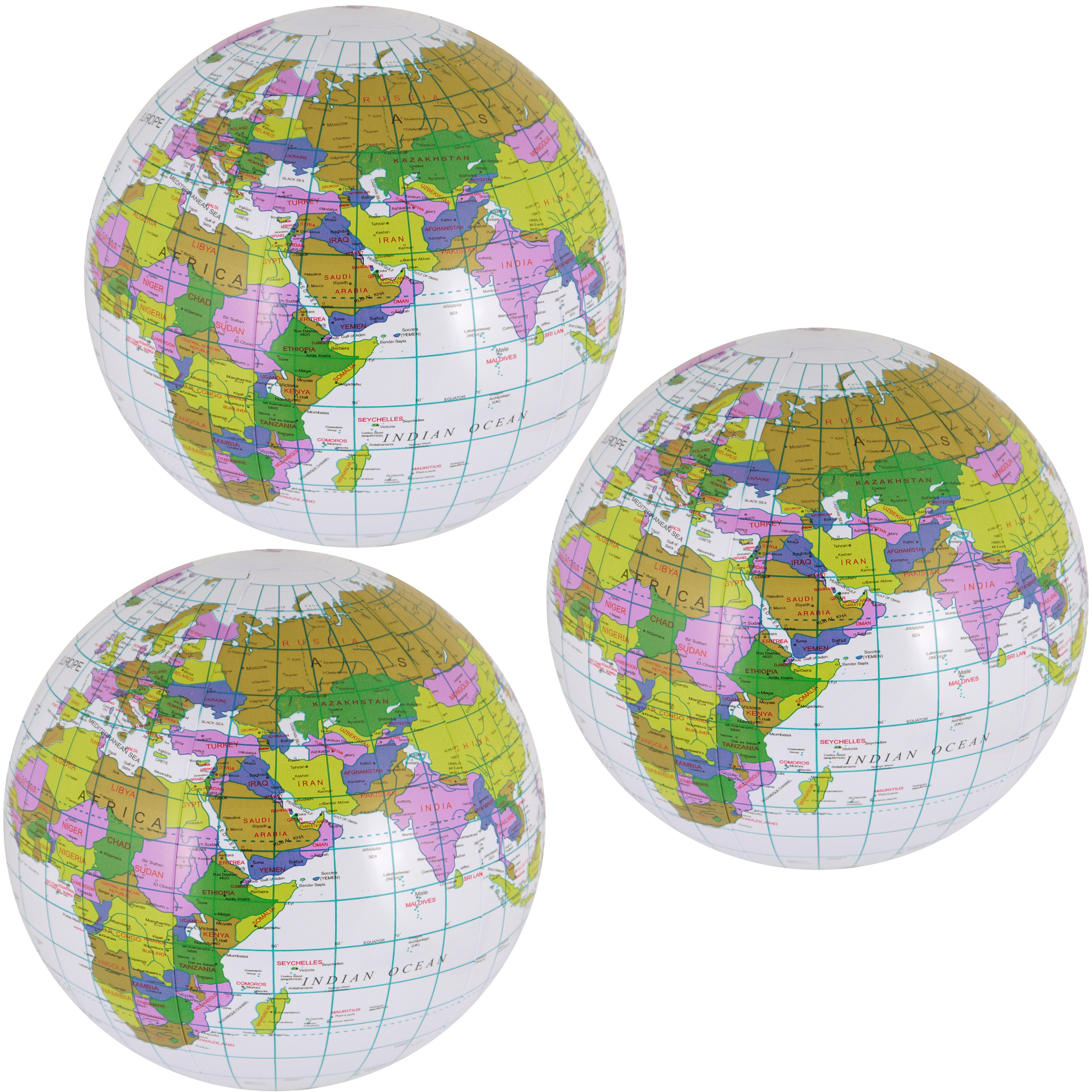 Opblaasbare strandbal van een wereldbol - 3x - de aarde - globe - Dia 40 cm - kunststof -