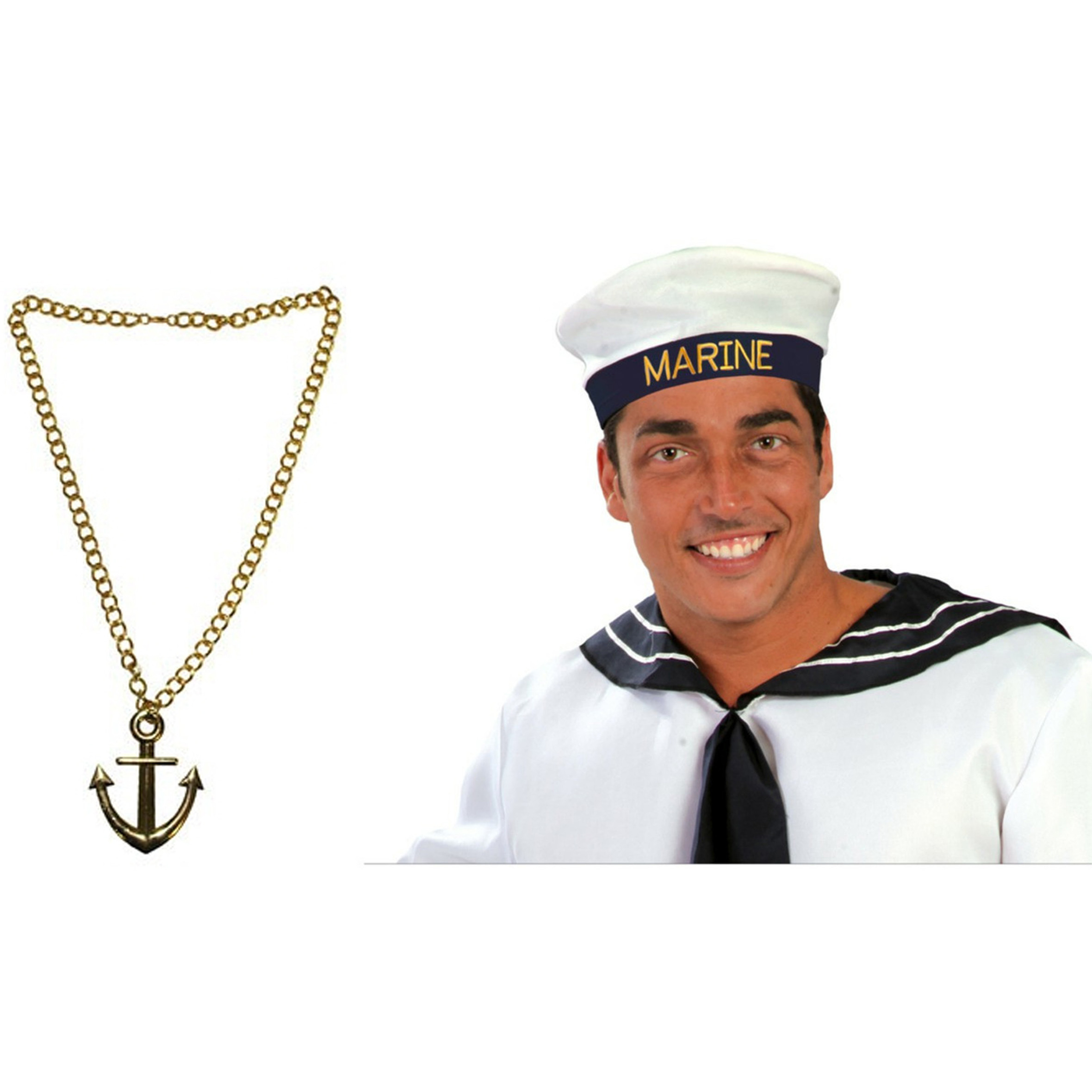 Carnaval verkleed Matrozen hoedje - wit - met gouden anker ketting - volwassenen -