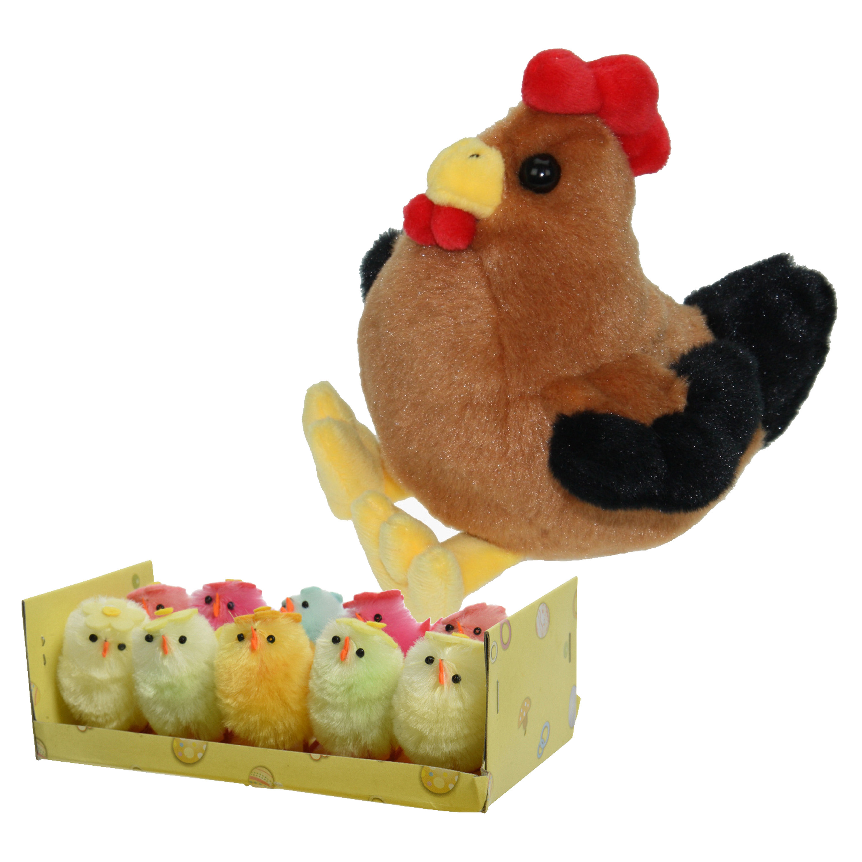 Pluche kip knuffel - 15 cm - multi kleuren - met 10x kuikens 5 cm - kippen familie -