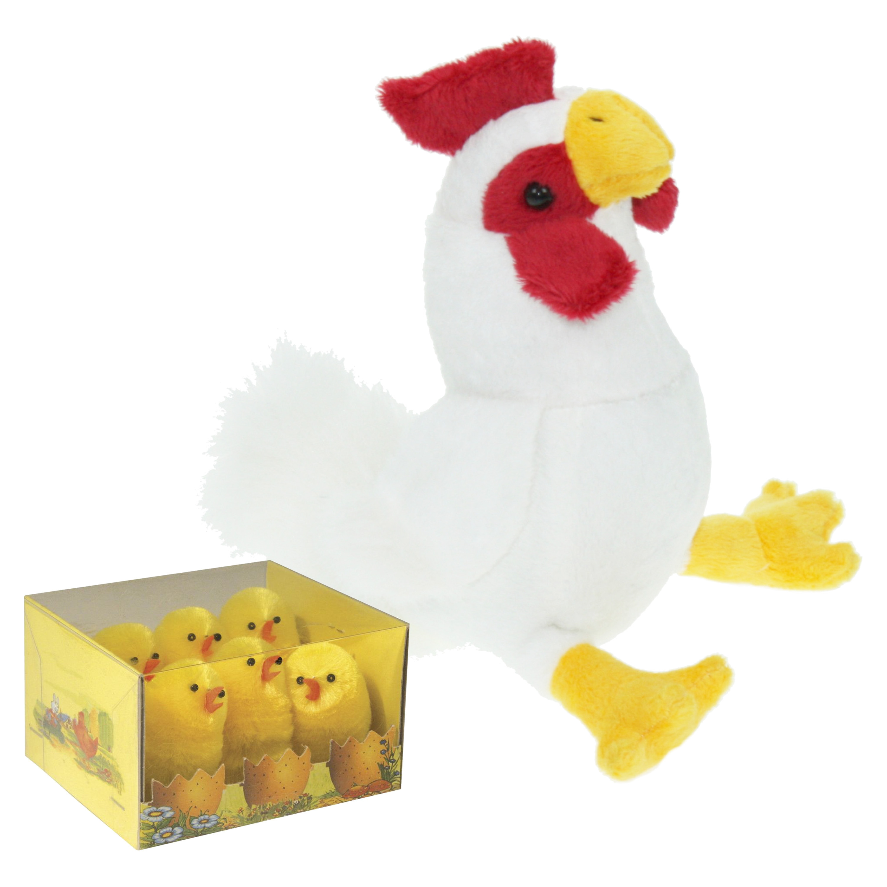 Pluche kip knuffel - 20 cm - multi kleuren - met 6x gele kuikens van 5 cm - kippen familie -