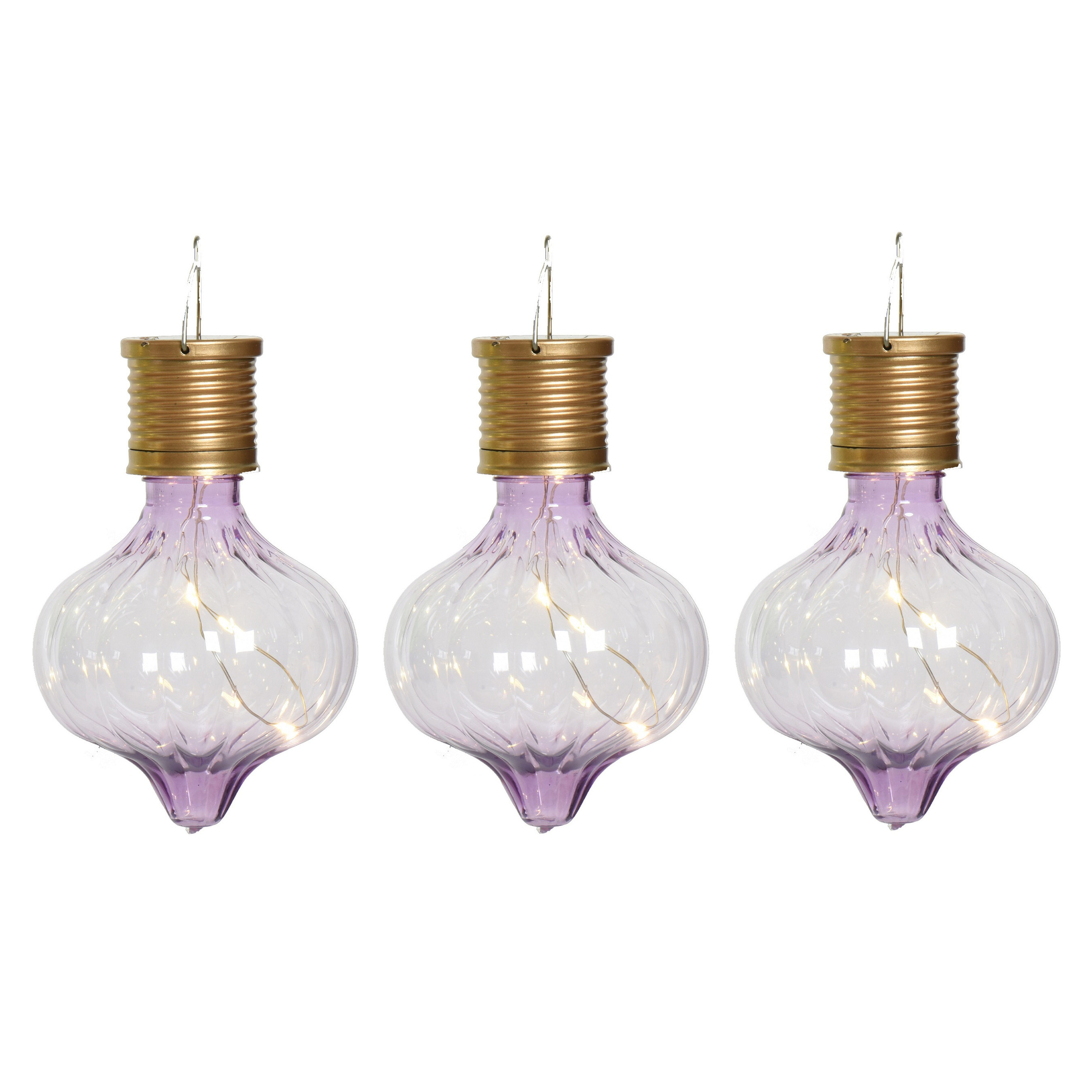 Solar hanglamp bol/peertje - 3x - Marrakech - lila paars - kunststof - D8 x H12 cm -
