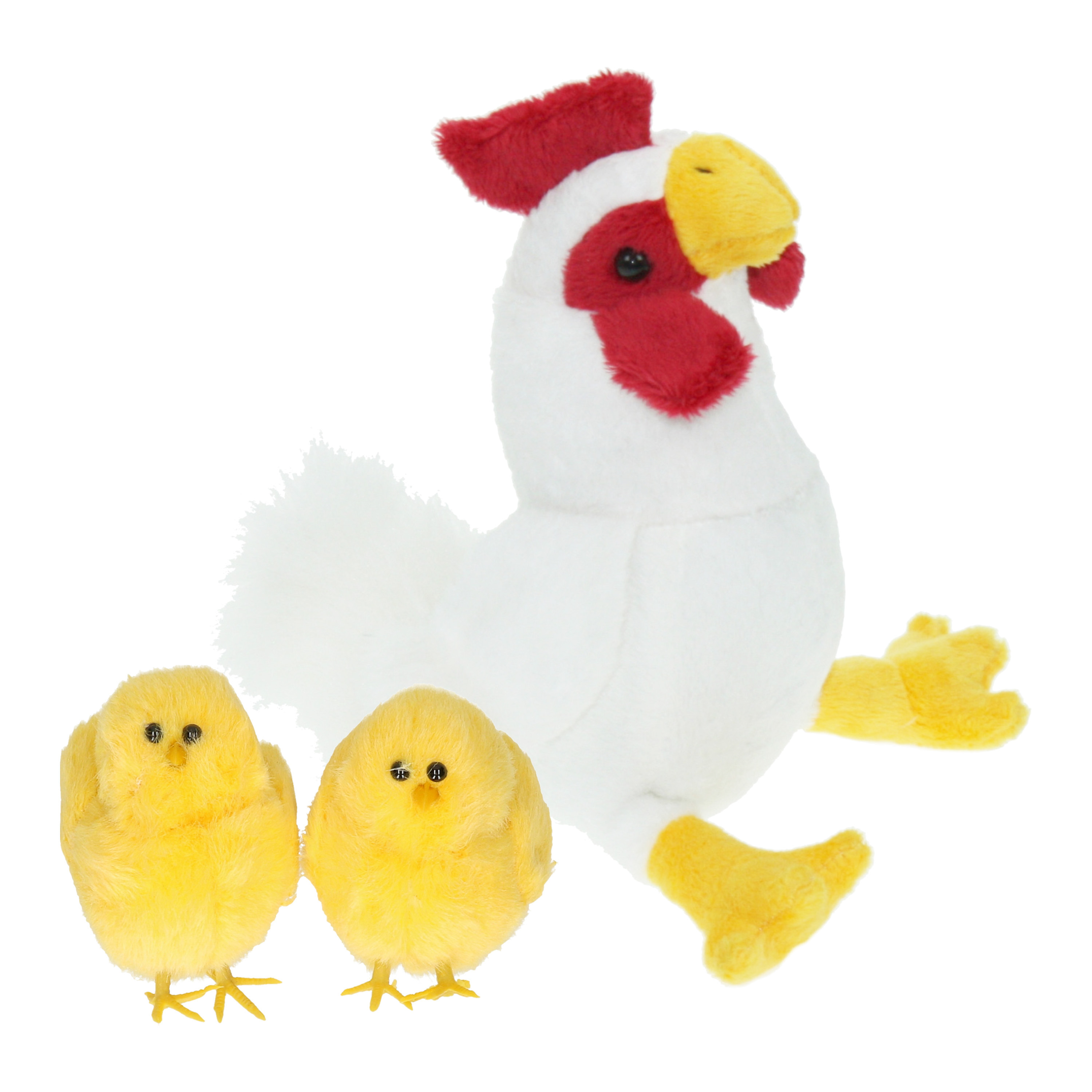 Pluche kip knuffel - 20 cm - multi kleuren - met 2x gele kuikens 7 cm - kippen familie -