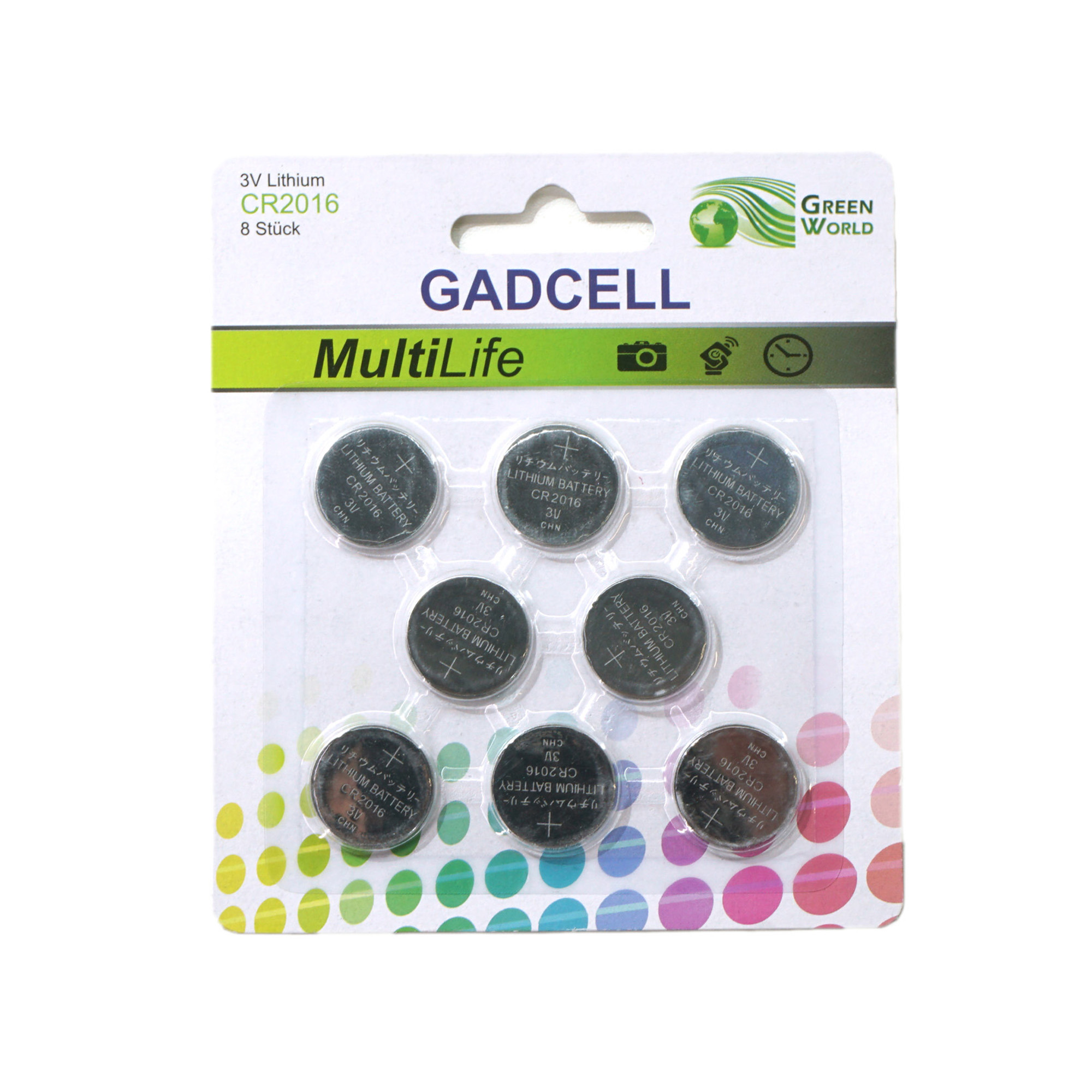 Gadcell knoopcel batterijen set - type CR2016 - 8x stuks - 3V Lithium -