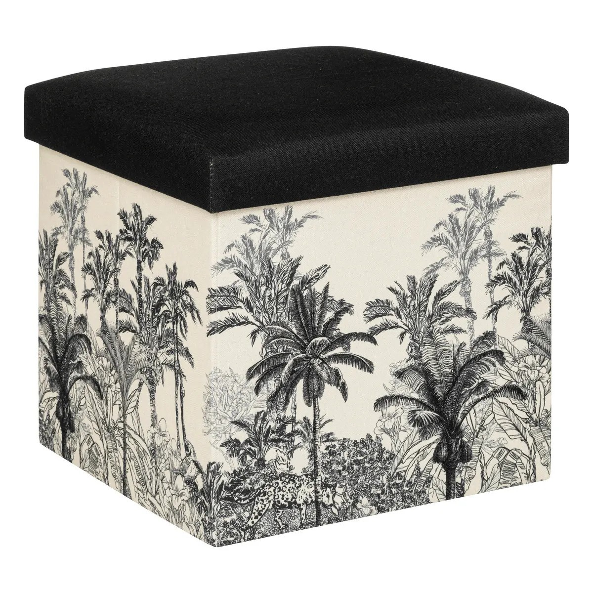 Poef/krukje/hocker Palmtrees - Opvouwbare zit opslag box - creme wit/zwart - D39 x H39 cm -