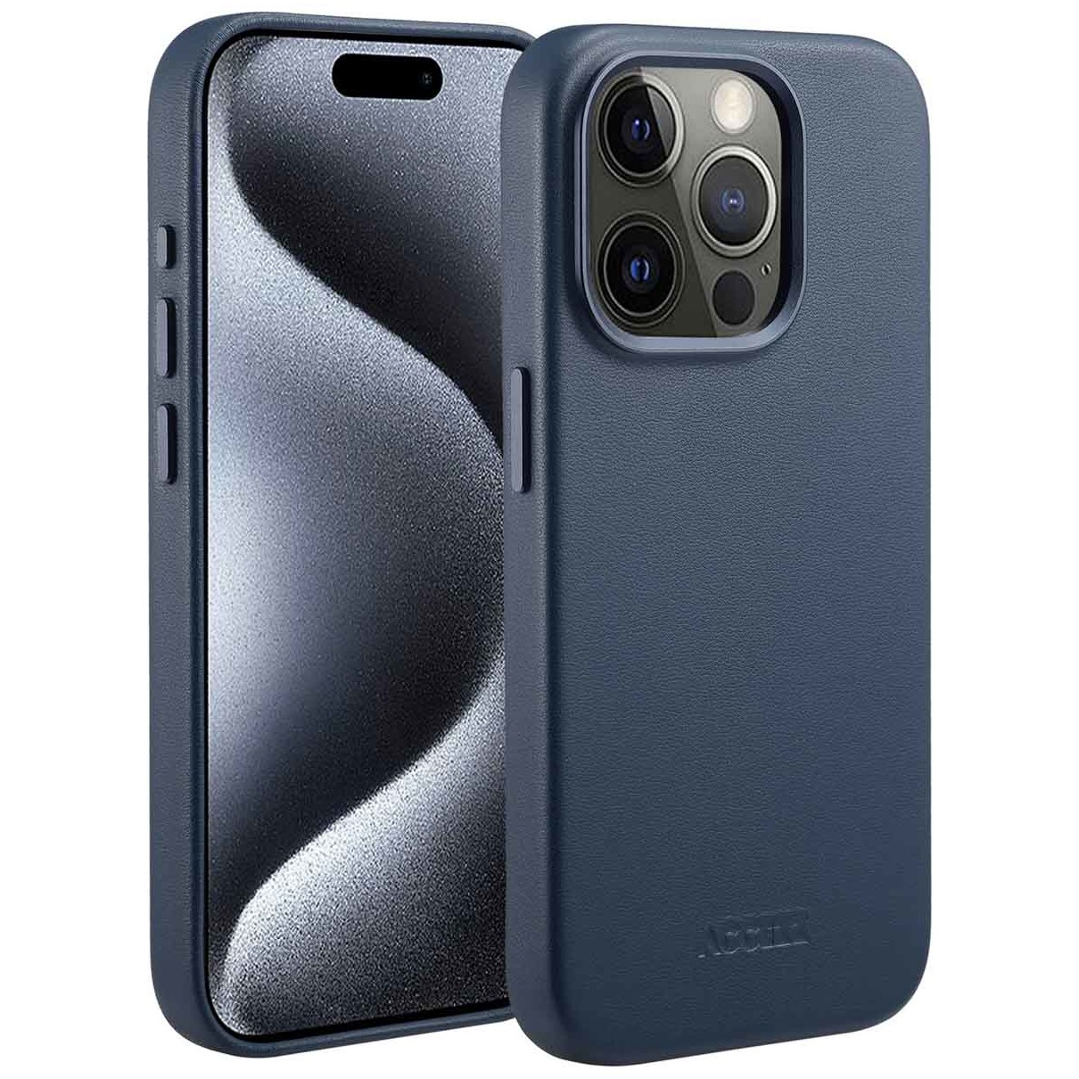 Accezz MagSafe Leather Backcover iPhone 15 Pro Telefoonhoesje Blauw