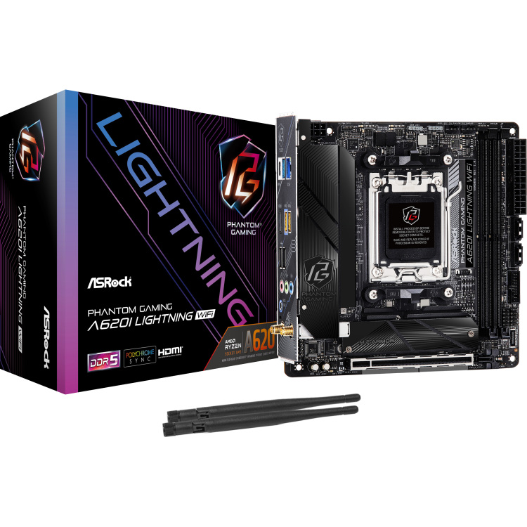 ASRock A620I Lightning WiFi moederbord RAID, 2.5 Gb-LAN, WLAN, BT, Sound, Mini-ITX