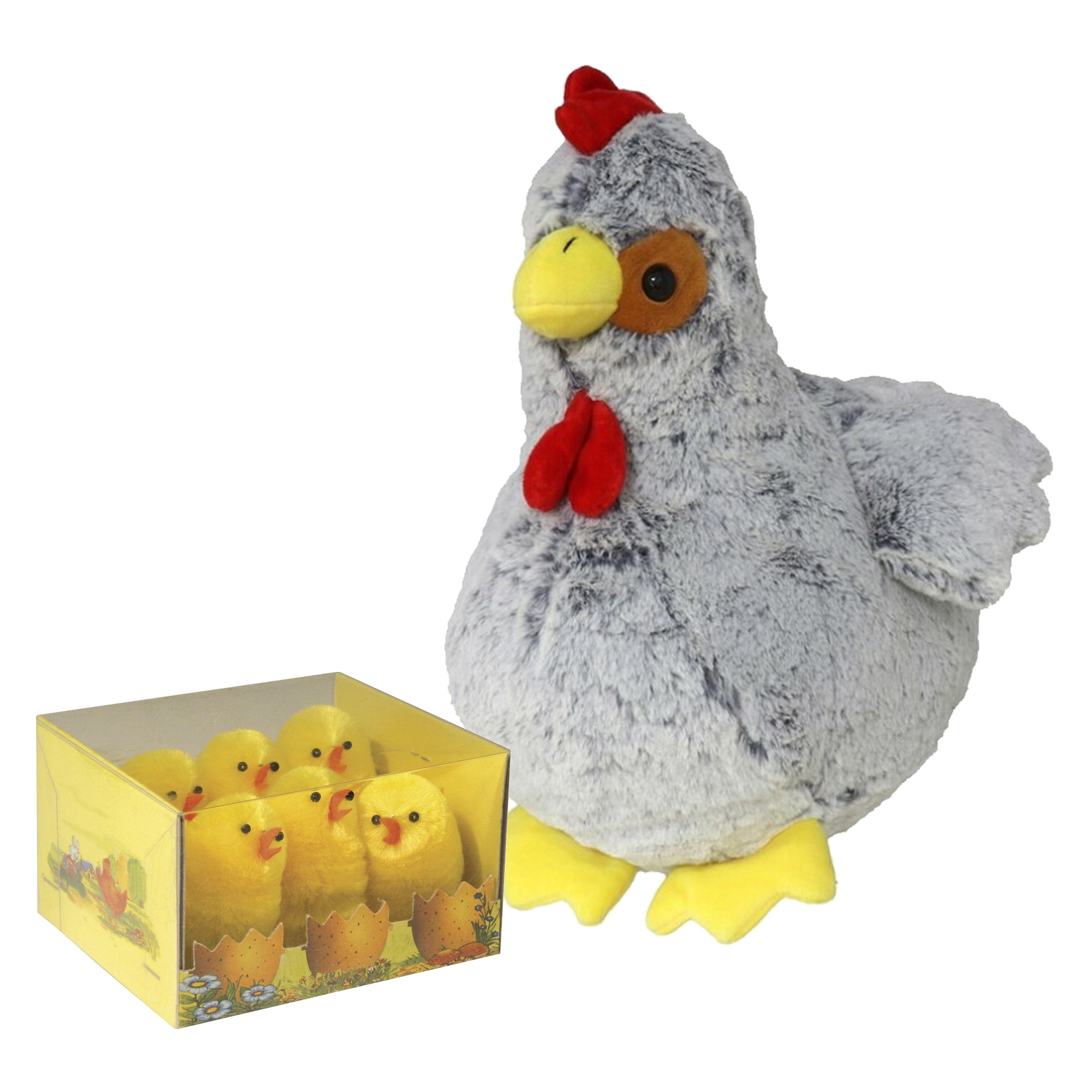 Pluche kip knuffel - 20 cm - multi kleuren - met 6x gele kuikens van 5 cm - kippen familie -