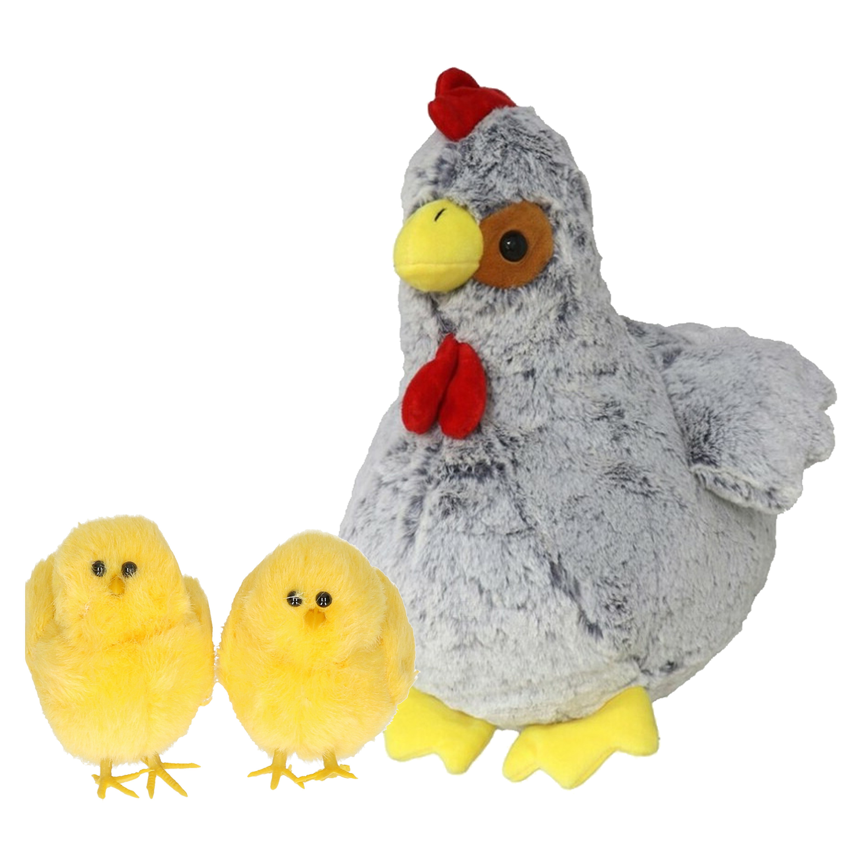 Pluche kip knuffel - 20 cm - grijs - met 4x gele kuikens 7 cm - kippen familie -