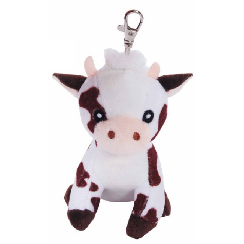 Knuffeldier Koe Sleutelhangers - zachte pluche stof - dieren knuffels - bruin/wit - 12 cm -