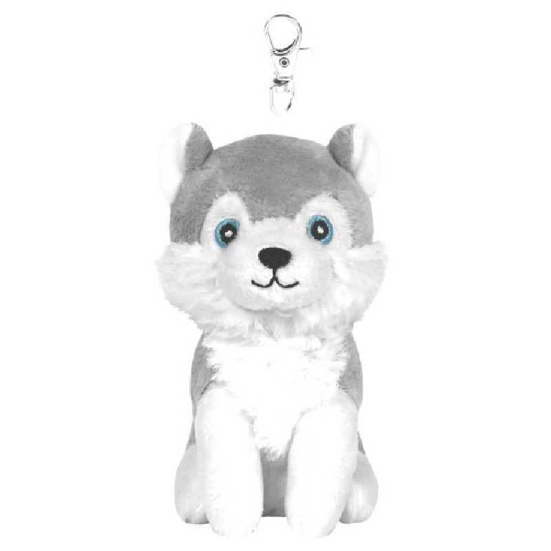 Knuffeldier Husky hond Billy - sleutelhangers - dieren knuffels - grijs/wit - 11 cm -