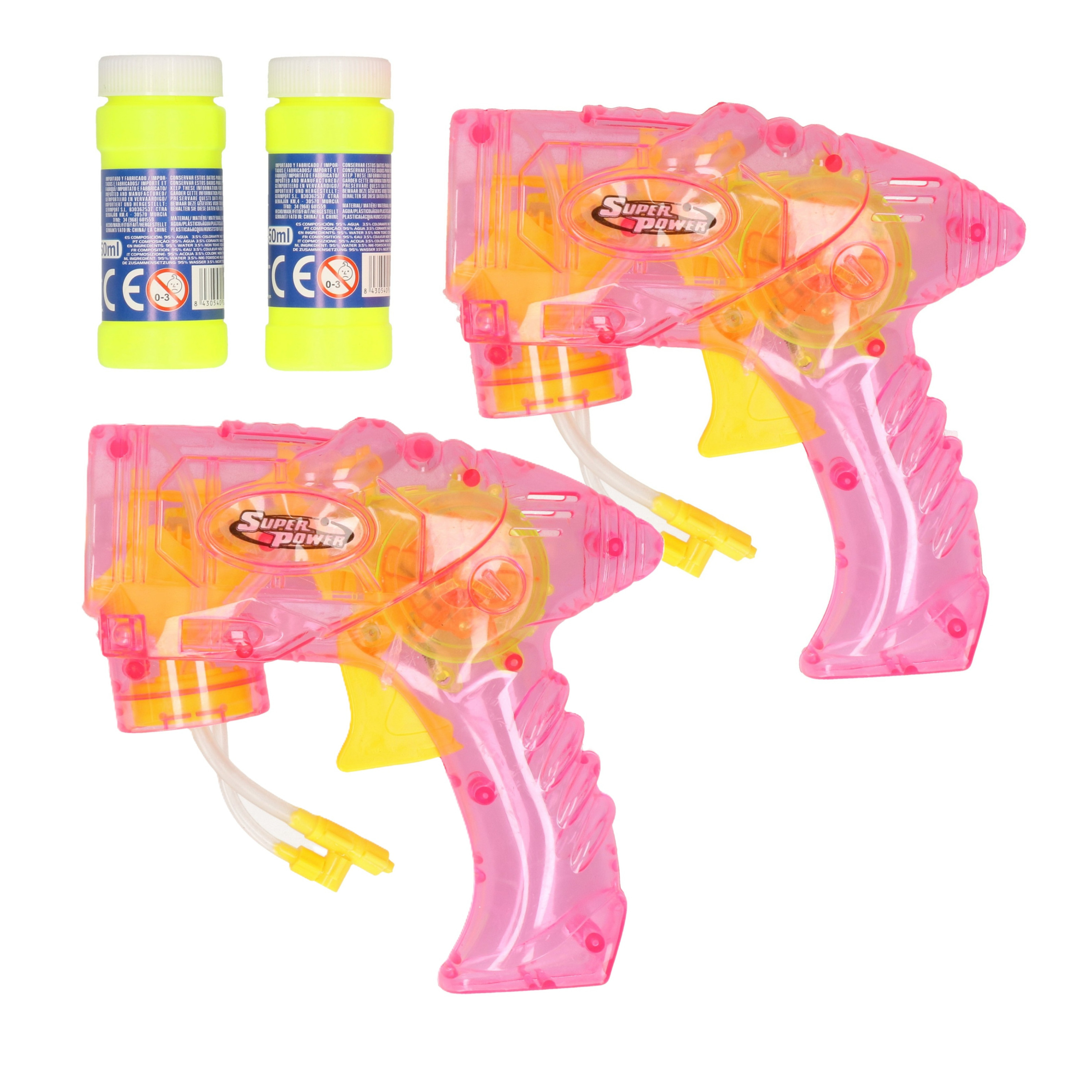 Bellenblaas speelgoed pistool - 2x - met vullingen - roze - 15 cm - plastic - bellen blazen -