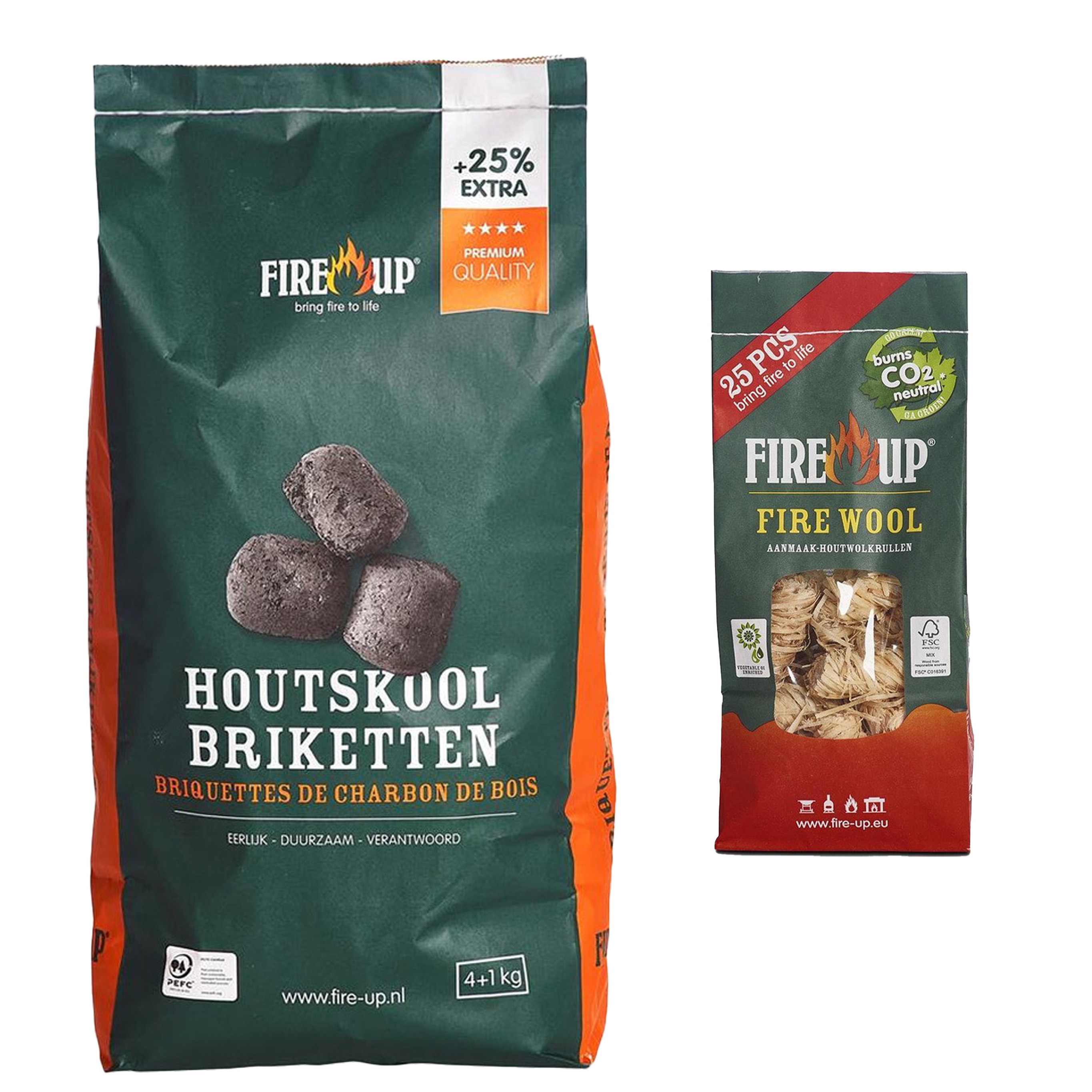 BBQ starterspakket - houtskool briketten 5 kilo - barbecue aanmaak houtwolkrullen 25x -