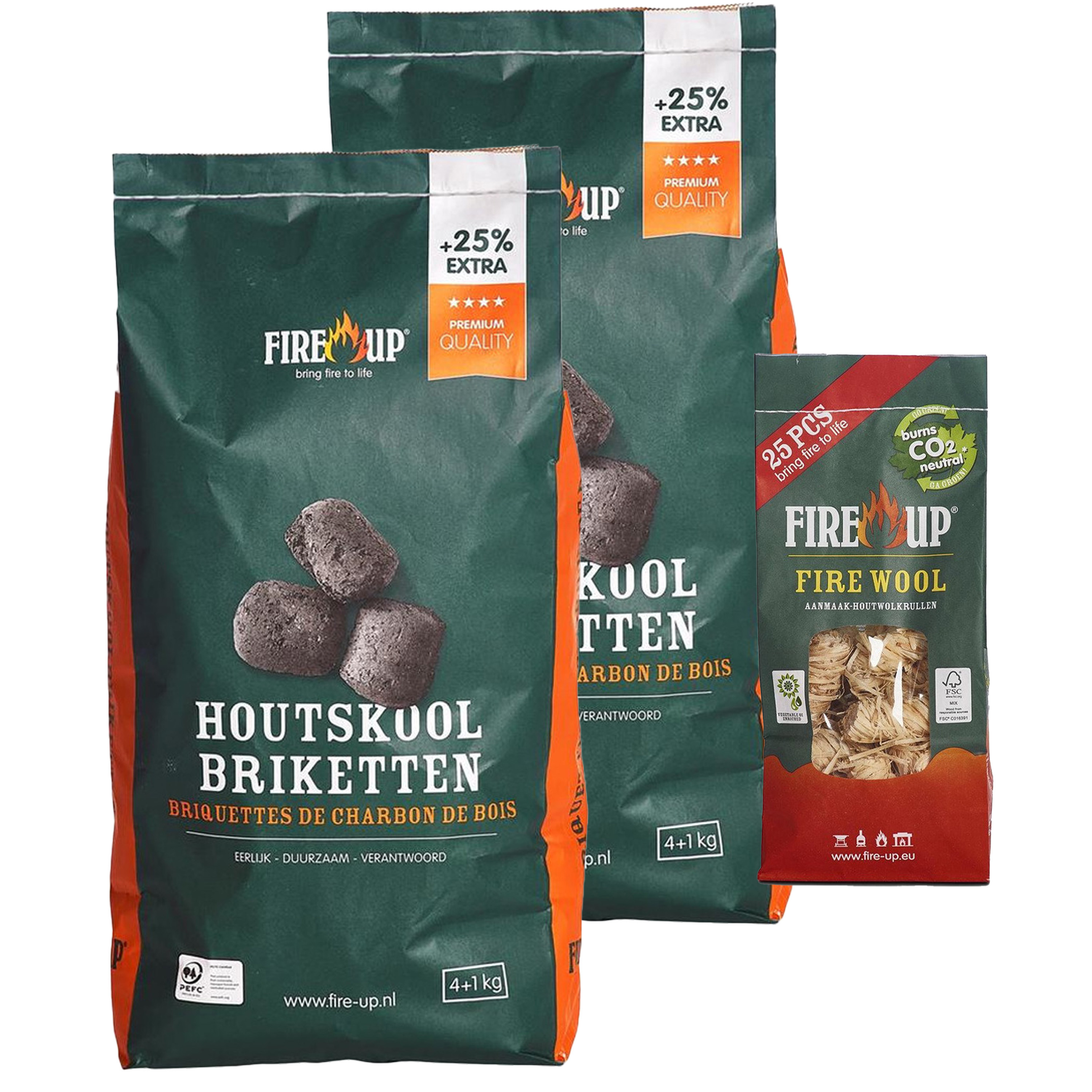 BBQ starterspakket - houtskool briketten 10 kilo - barbecue aanmaak houtwolkrullen 25x -