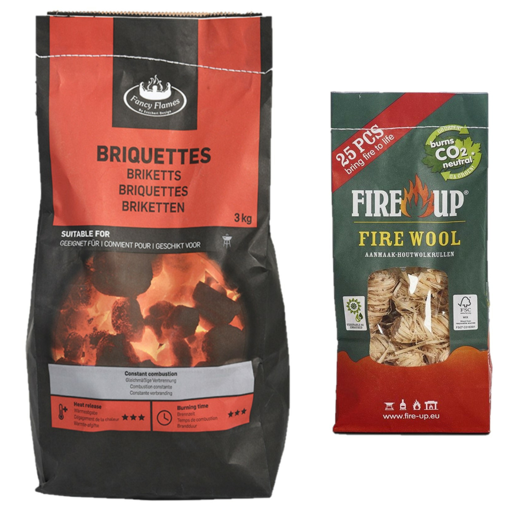 BBQ starterspakket - houtskool briketten 3 kilo - barbecue aanmaak houtwolkrullen 25x -