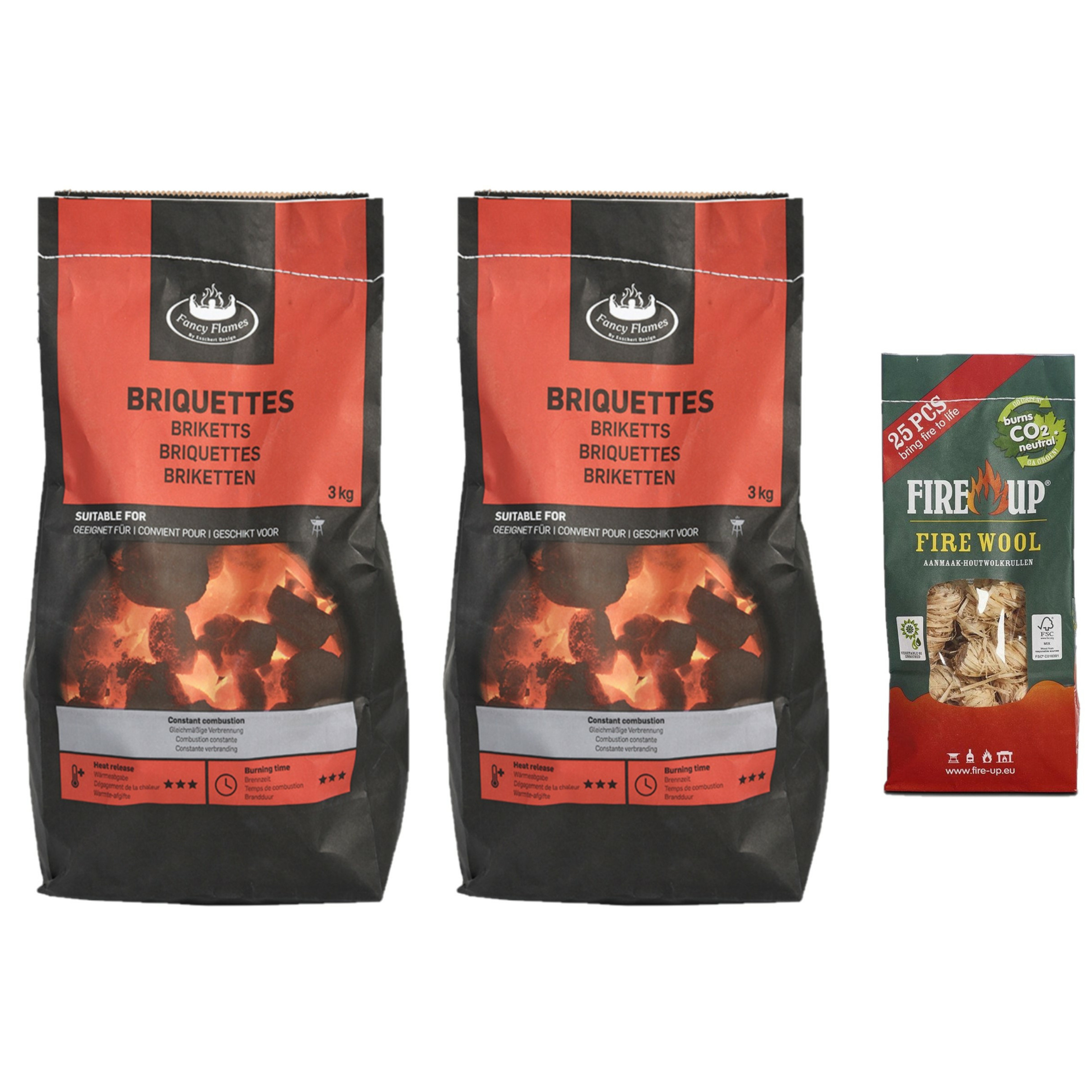 BBQ starterspakket - houtskool briketten 6 kilo - barbecue aanmaak houtwolkrullen 25x -