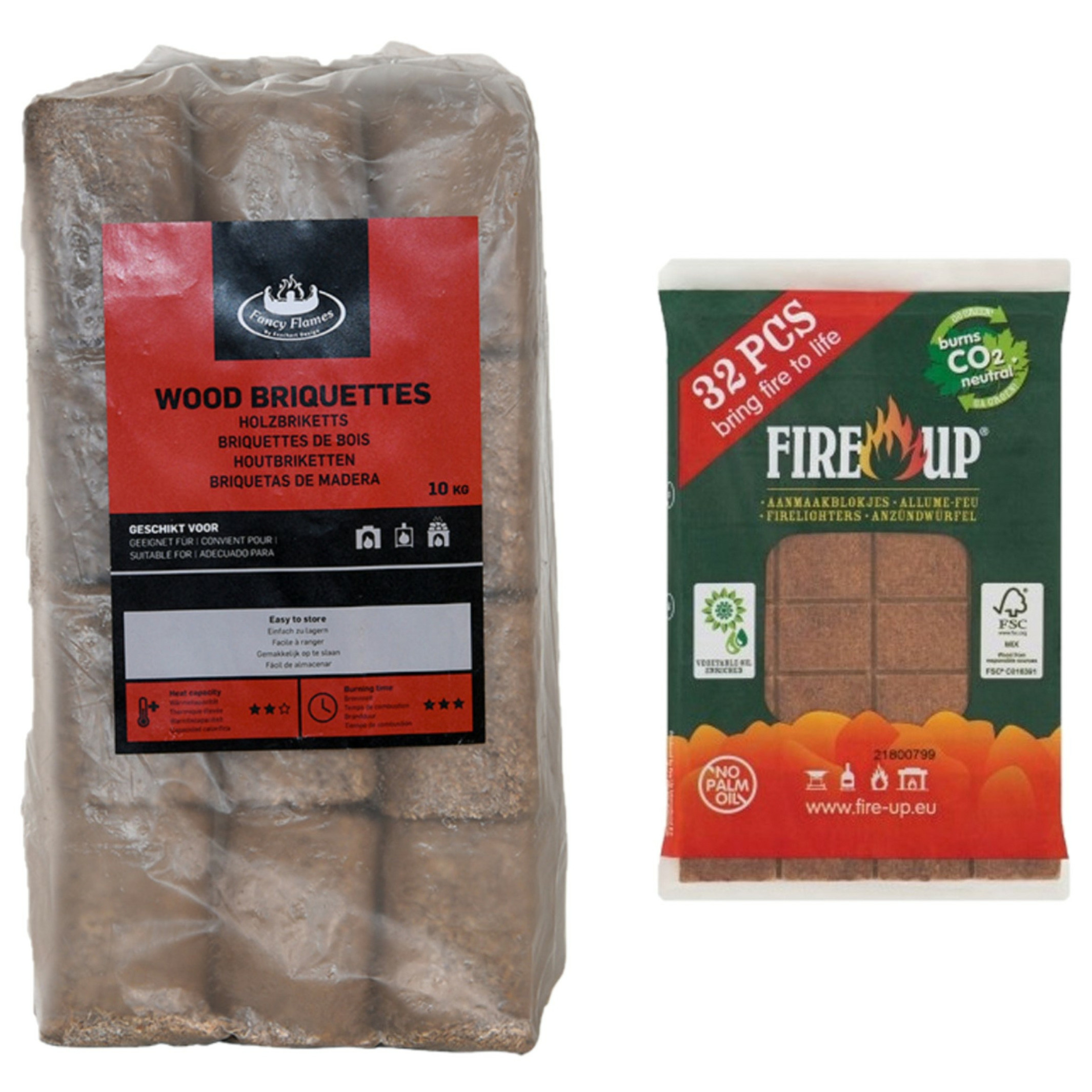 Houtbriketten - 10 kilo - kachel/openhaard - incl 32x aanmaakblokjes -