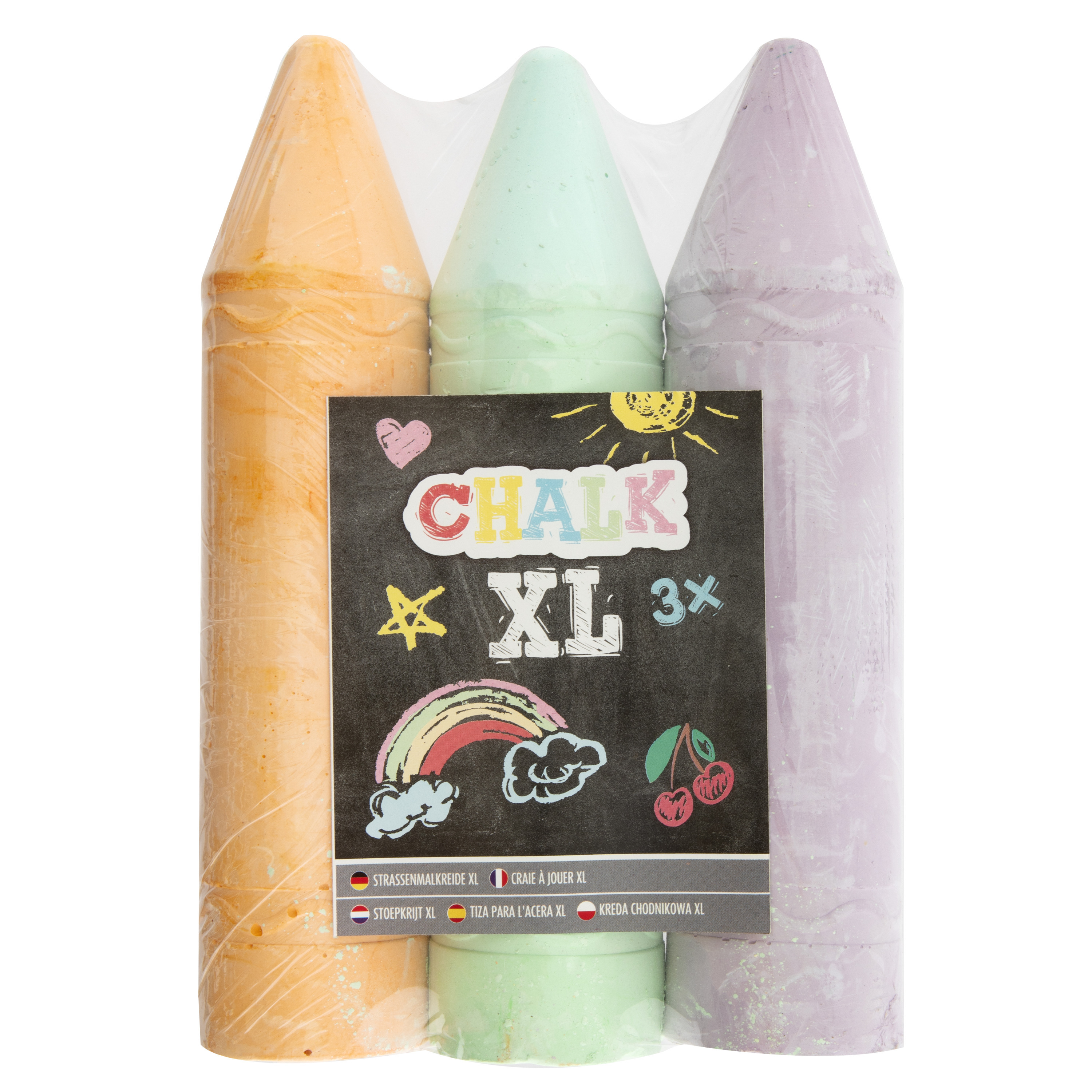 XL mega stoepkrijt - 3 stuks - oranje/groen/paars - L19 cm -