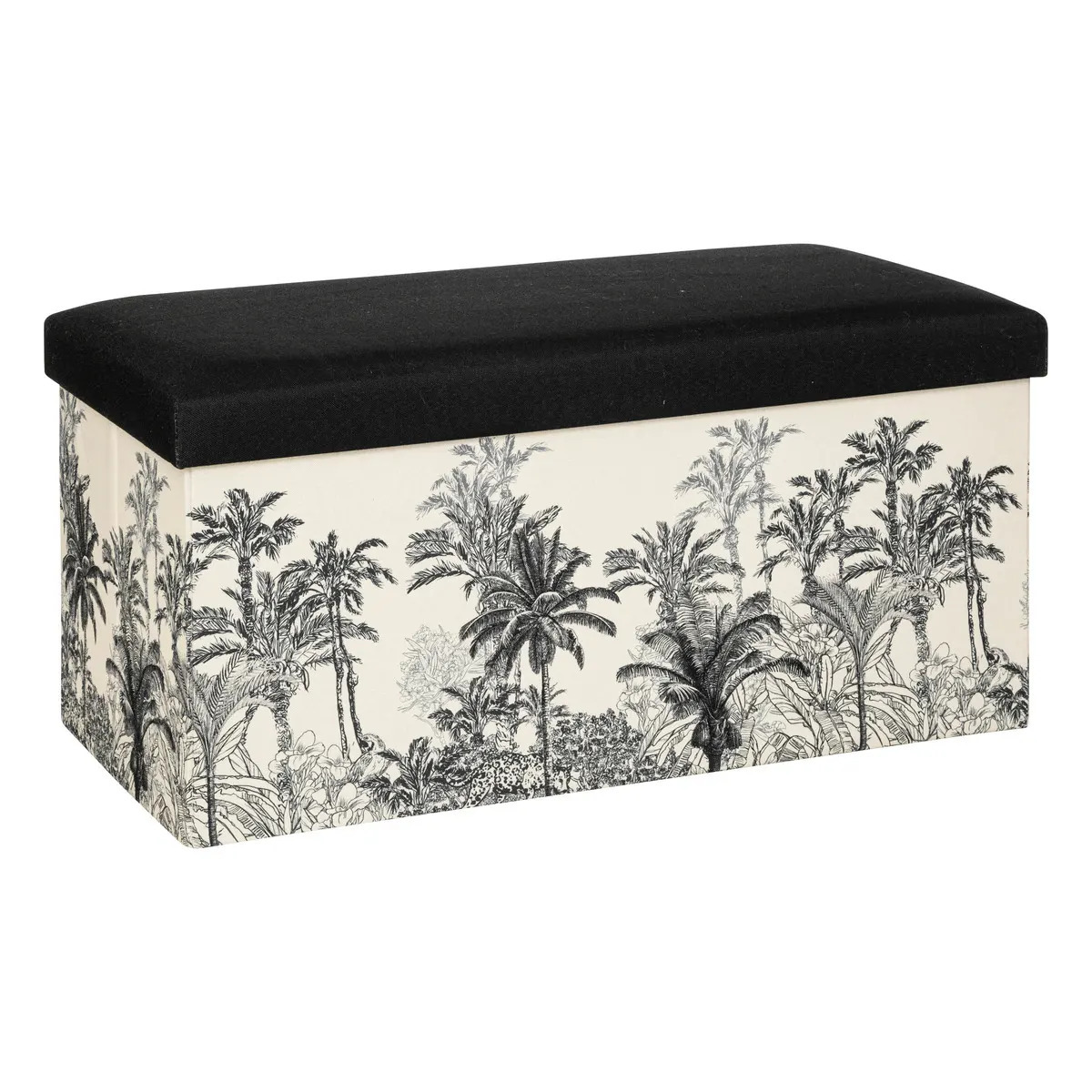 Poef/krukje/hocker Palmtrees - Opvouwbare zit opslag box - creme wit/zwart - 76 x 39 x 39 cm -