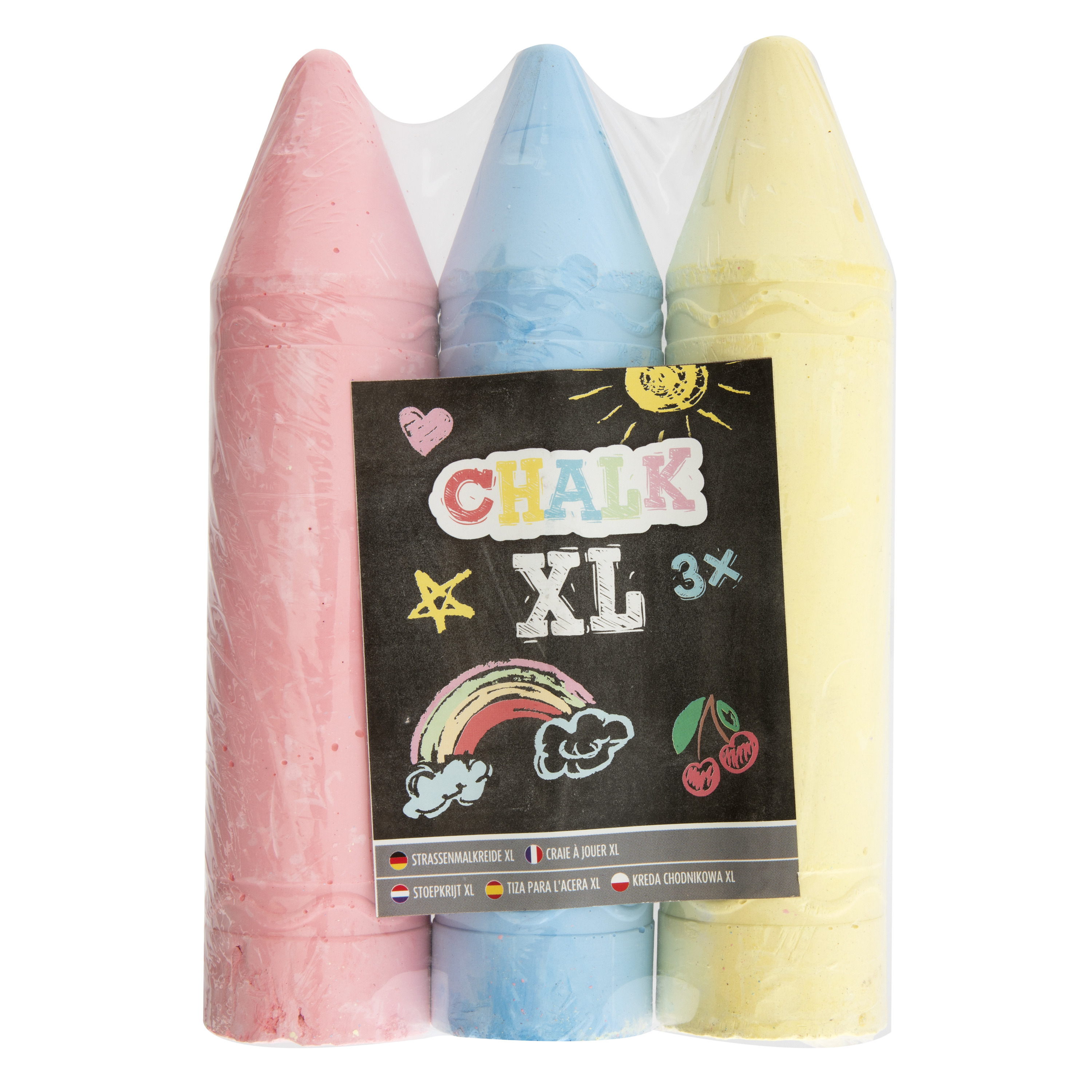 XL mega stoepkrijt - 3x stuks - roze/blauw/geel - L19 cm -