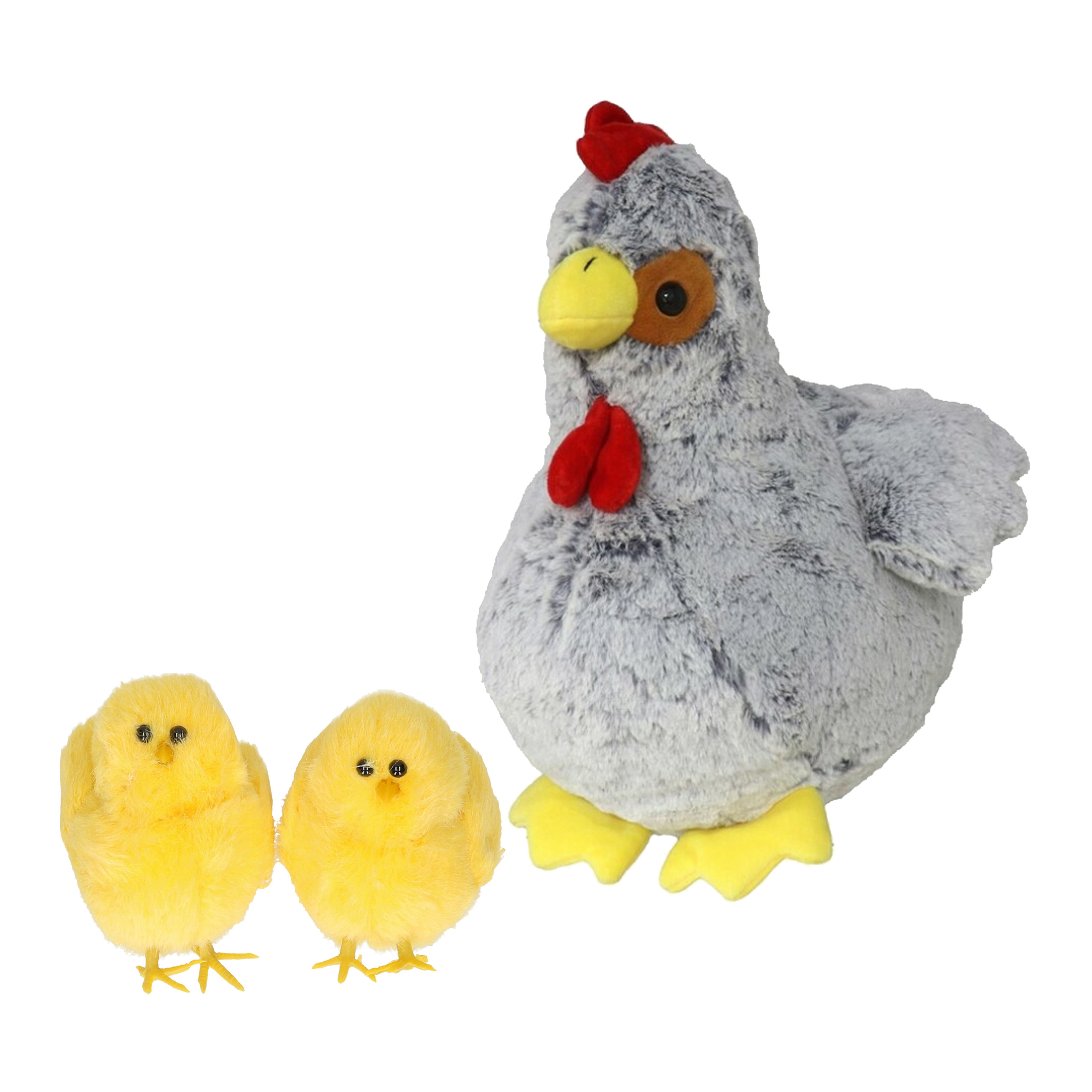 Pluche kip knuffel - 20 cm - grijs - met 2x gele kuikens 7 cm - kippen familie -