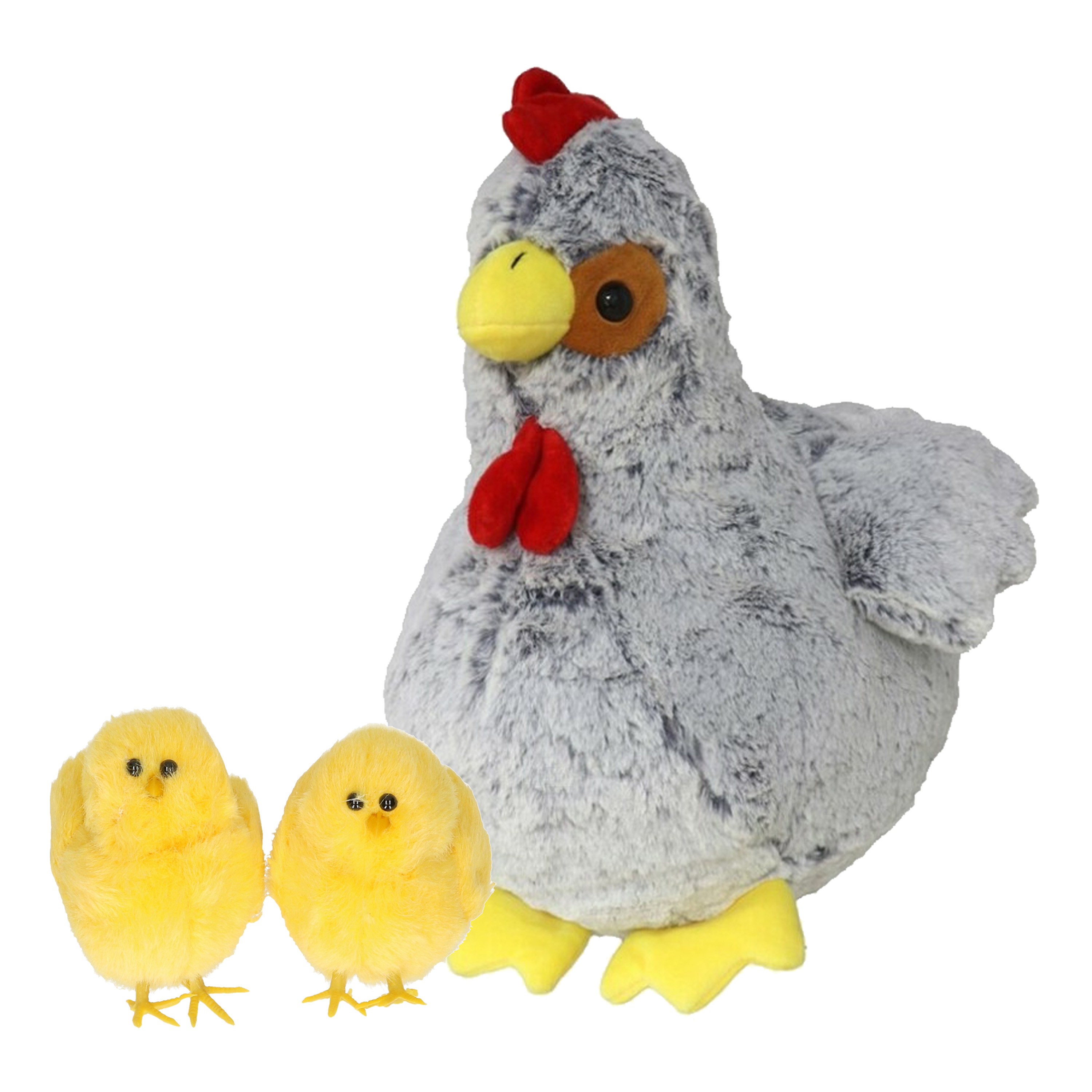 Pluche kip knuffel - 30 cm - grijs - met 2x gele kuikens 7 cm - kippen familie -
