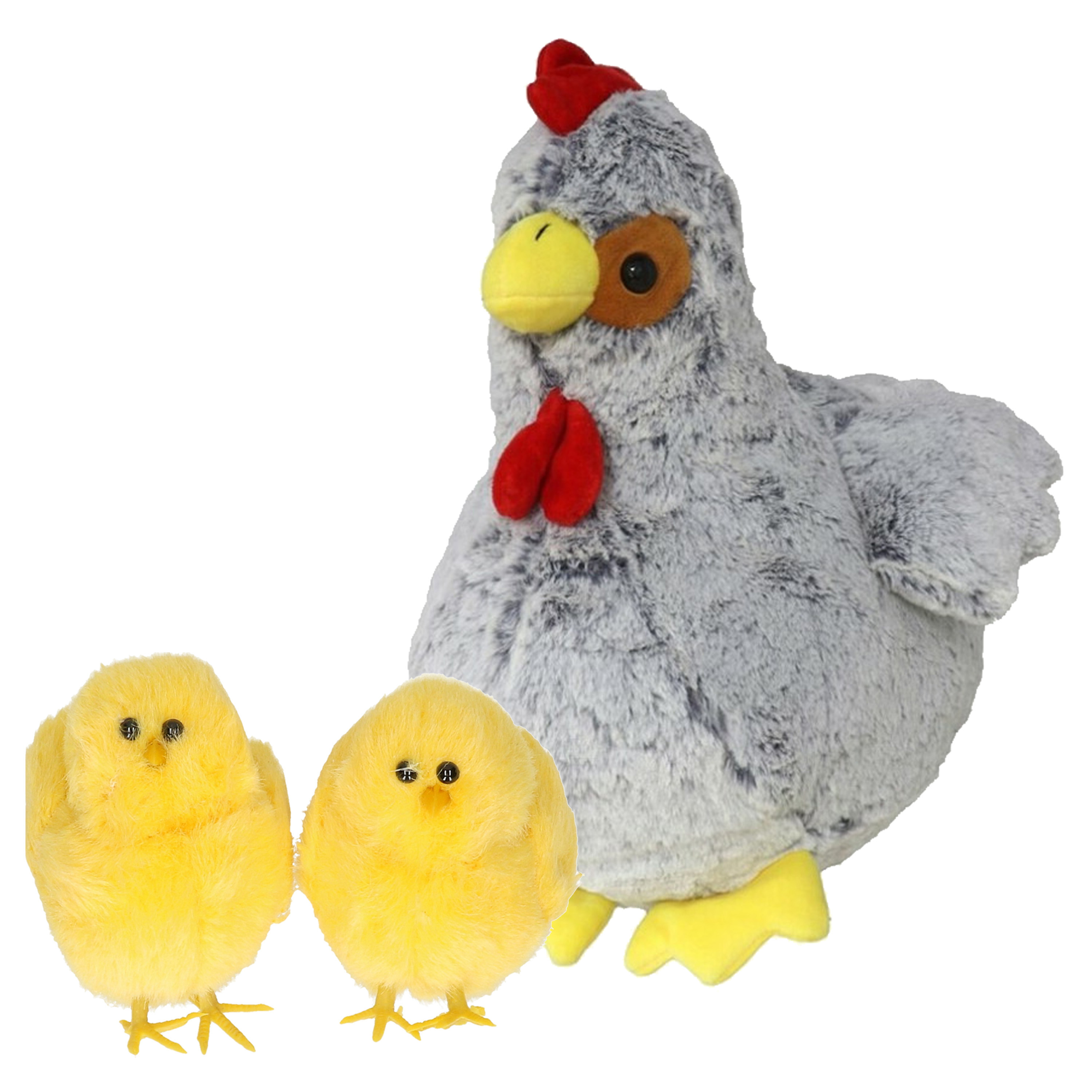 Pluche kip knuffel - 30 cm - grijs - met 2x gele kuikens 9 cm - kippen familie -
