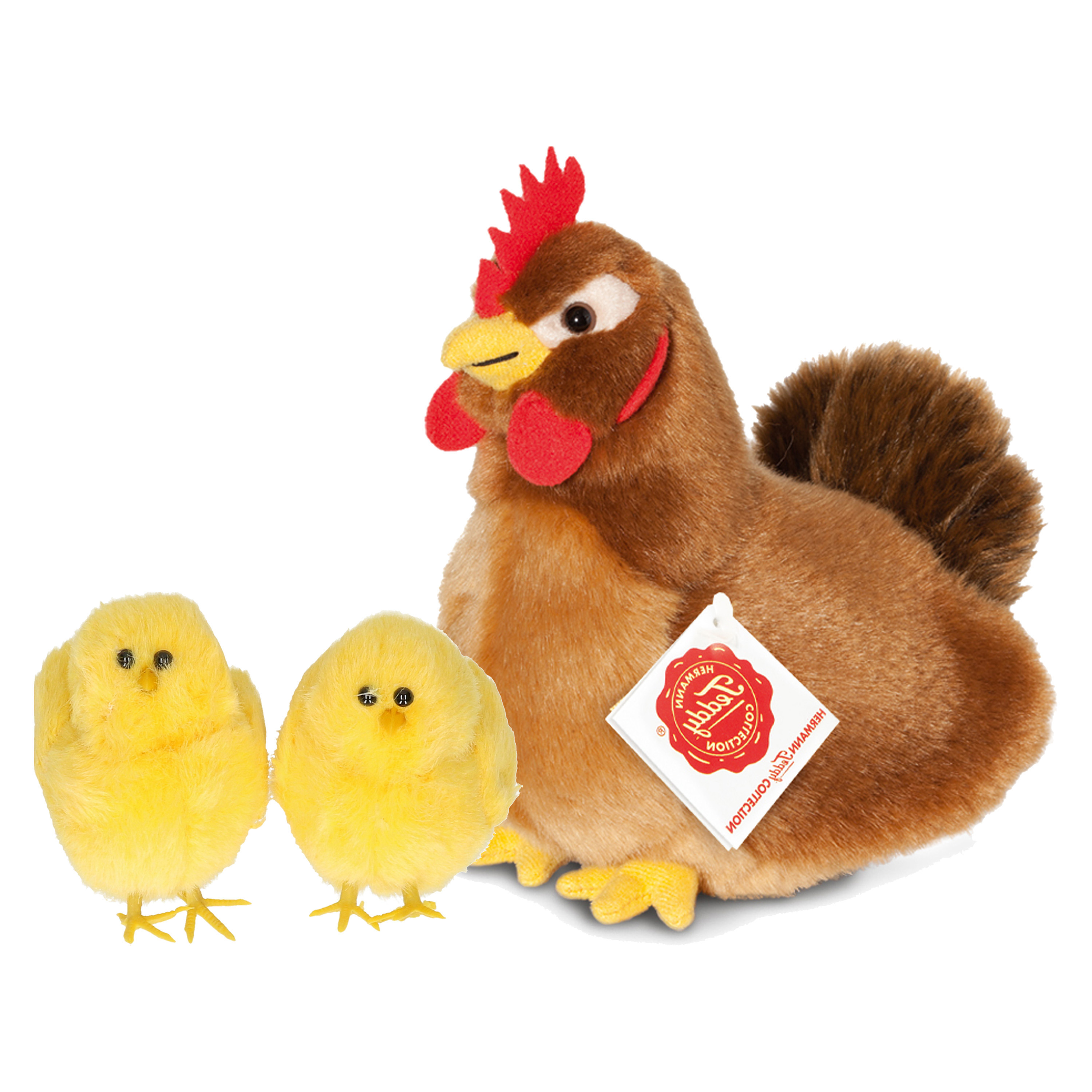 Pluche kip knuffel - 16 cm - multi kleuren - met 2x gele kuikens 7 cm - kippen familie -