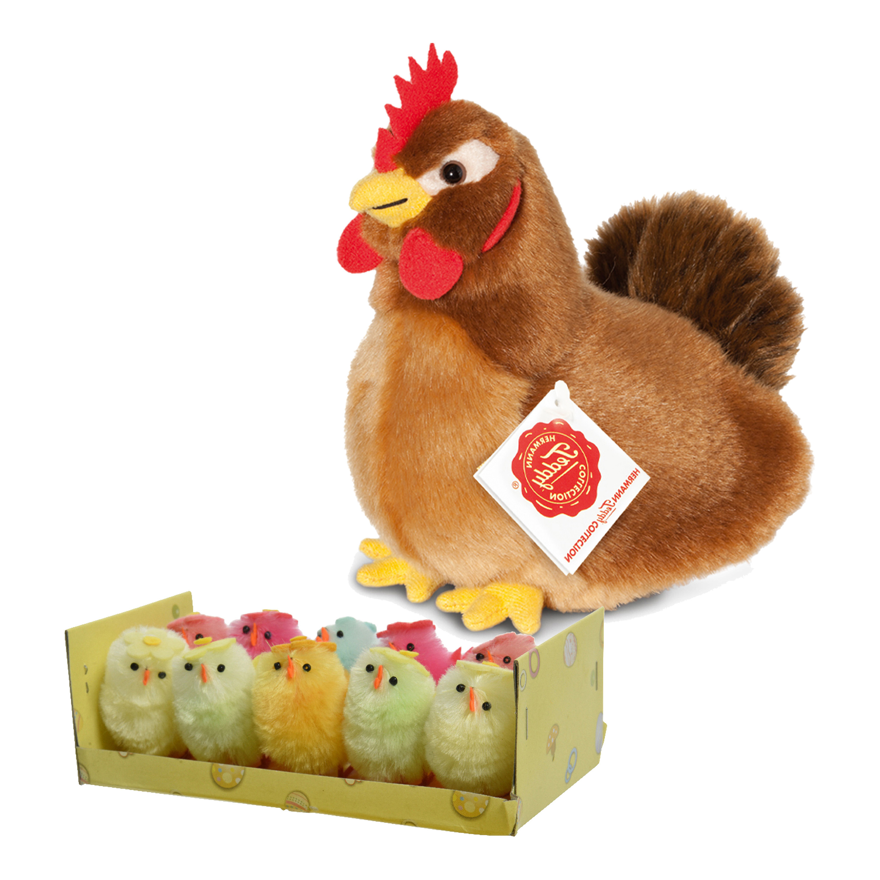Pluche kip knuffel - 16 cm - multi kleuren - met 10x kuikens 5 cm - kippen familie -