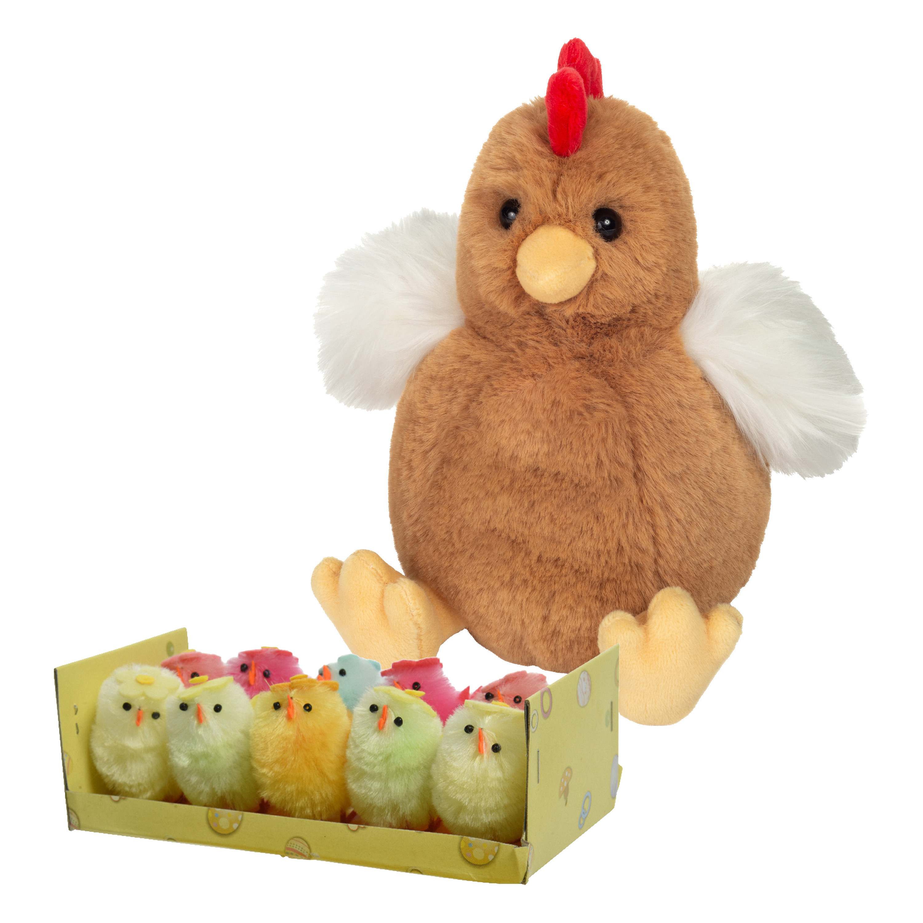 Pluche kip knuffel - 18 cm - multi kleuren - met 10x kuikens 5 cm - kippen familie -