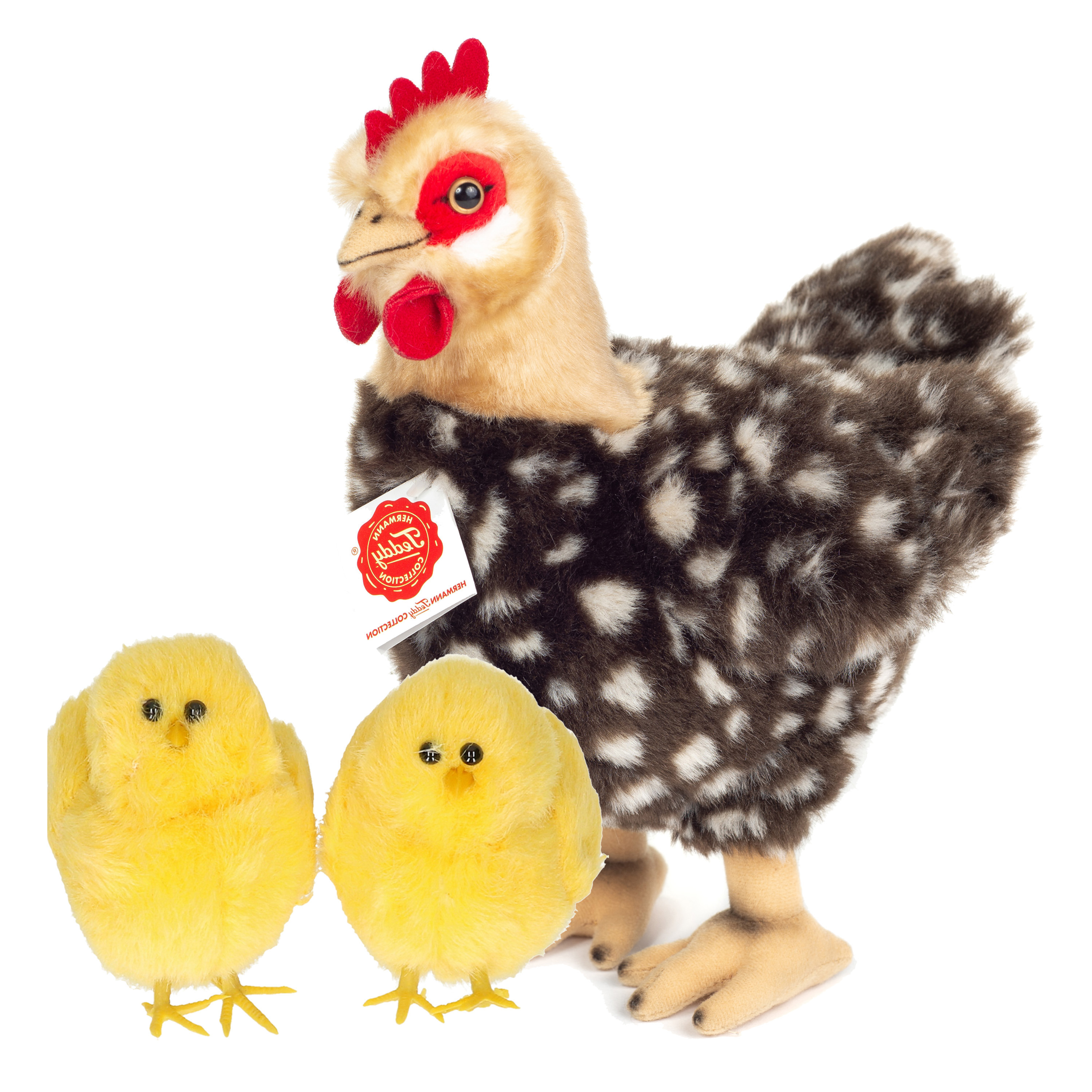 Pluche kip knuffel - 24 cm - multi kleuren - met 2x gele kuikens 9 cm - kippen familie -
