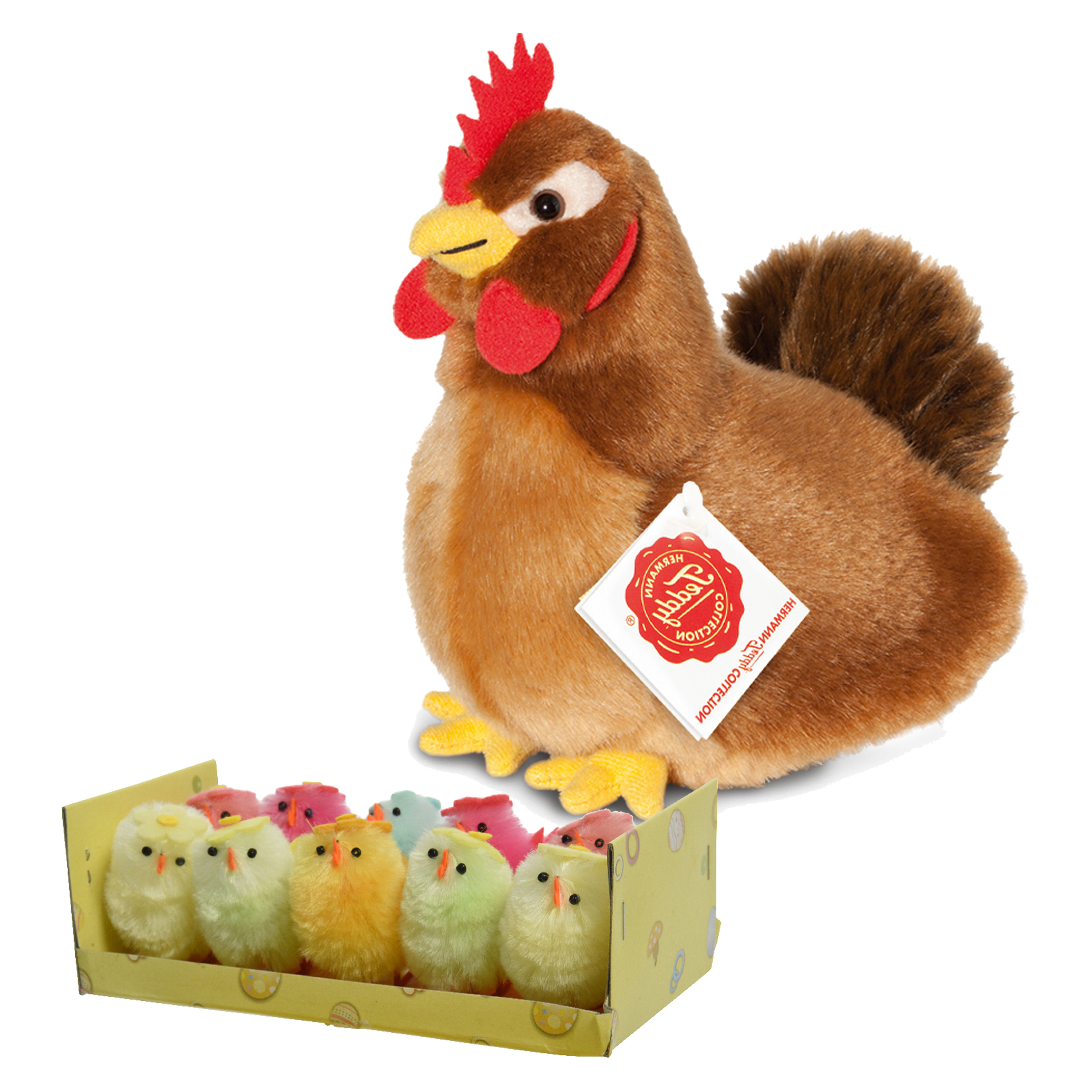 Pluche kip knuffel - 16 cm - multi kleuren - met 10x kuikens 5 cm - kippen familie -
