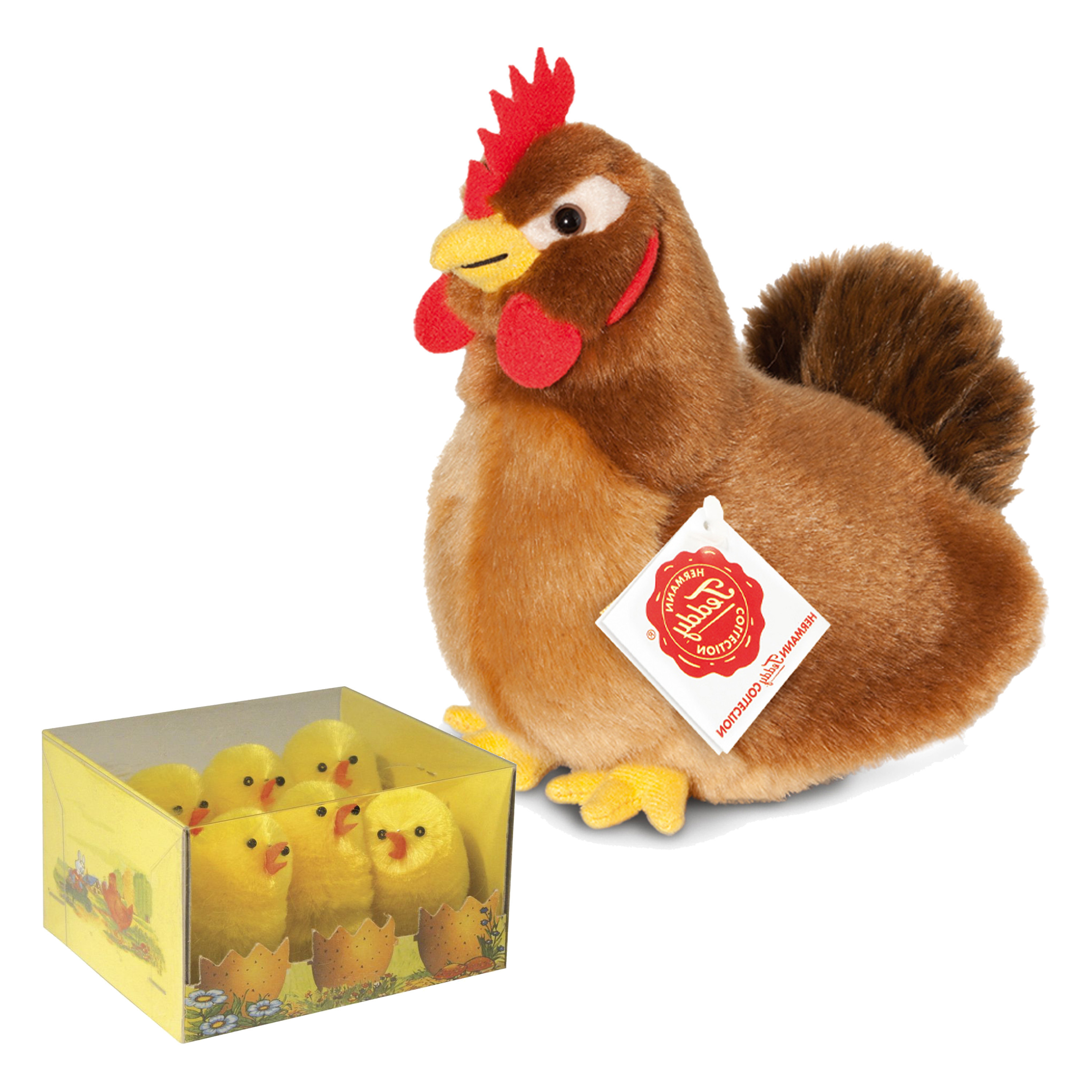 Pluche kip knuffel - 16 cm - multi kleuren - met 6x kuikens 5 cm - kippen familie -