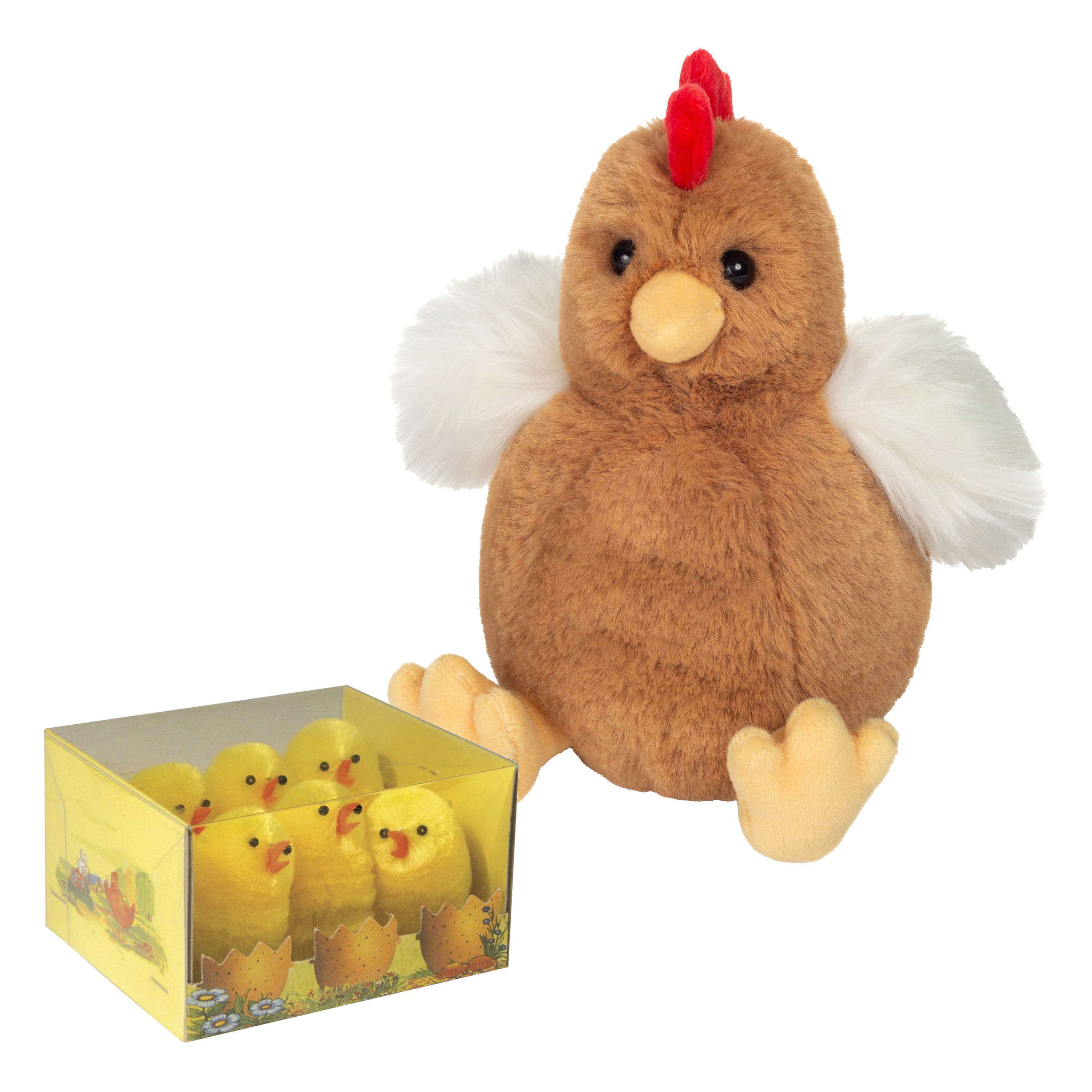 Pluche kip knuffel - 18 cm - multi kleuren - met 6x kuikens van 5 cm - kippen familie -