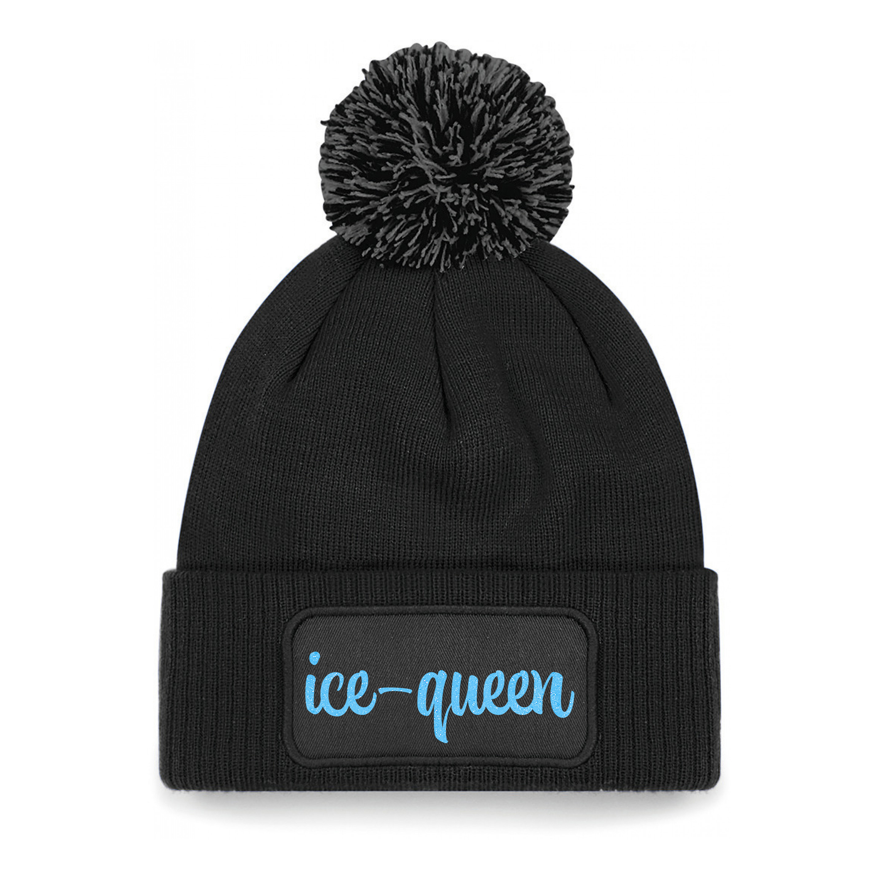 Wintersport muts met pompom - Ice Queen - zwart - blauwe glitter - one size - volwassenen - Apresski One size -