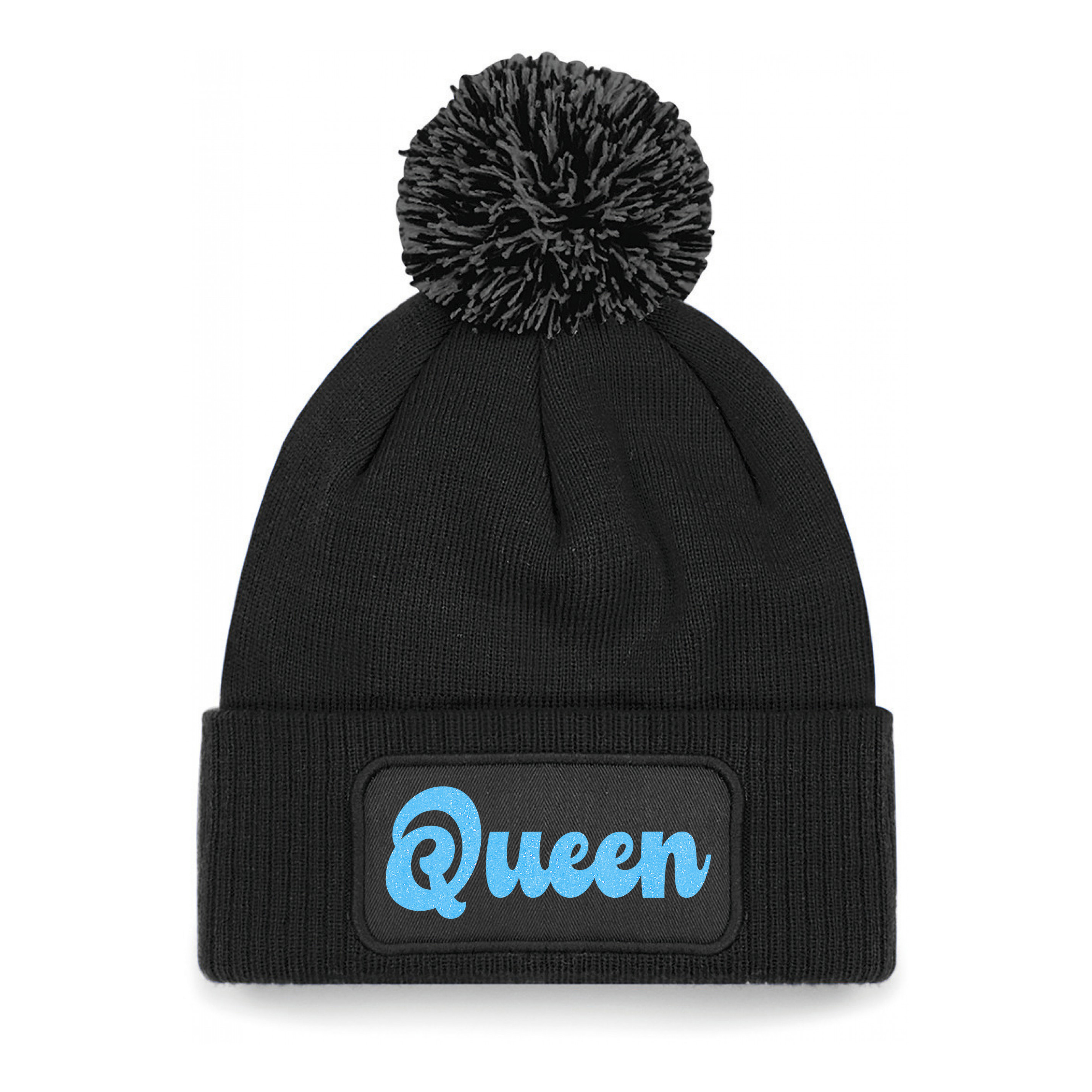Wintersport muts met pompom - Queen - zwart - blauwe glitters - one size - volwassenen - Apres ski One size -