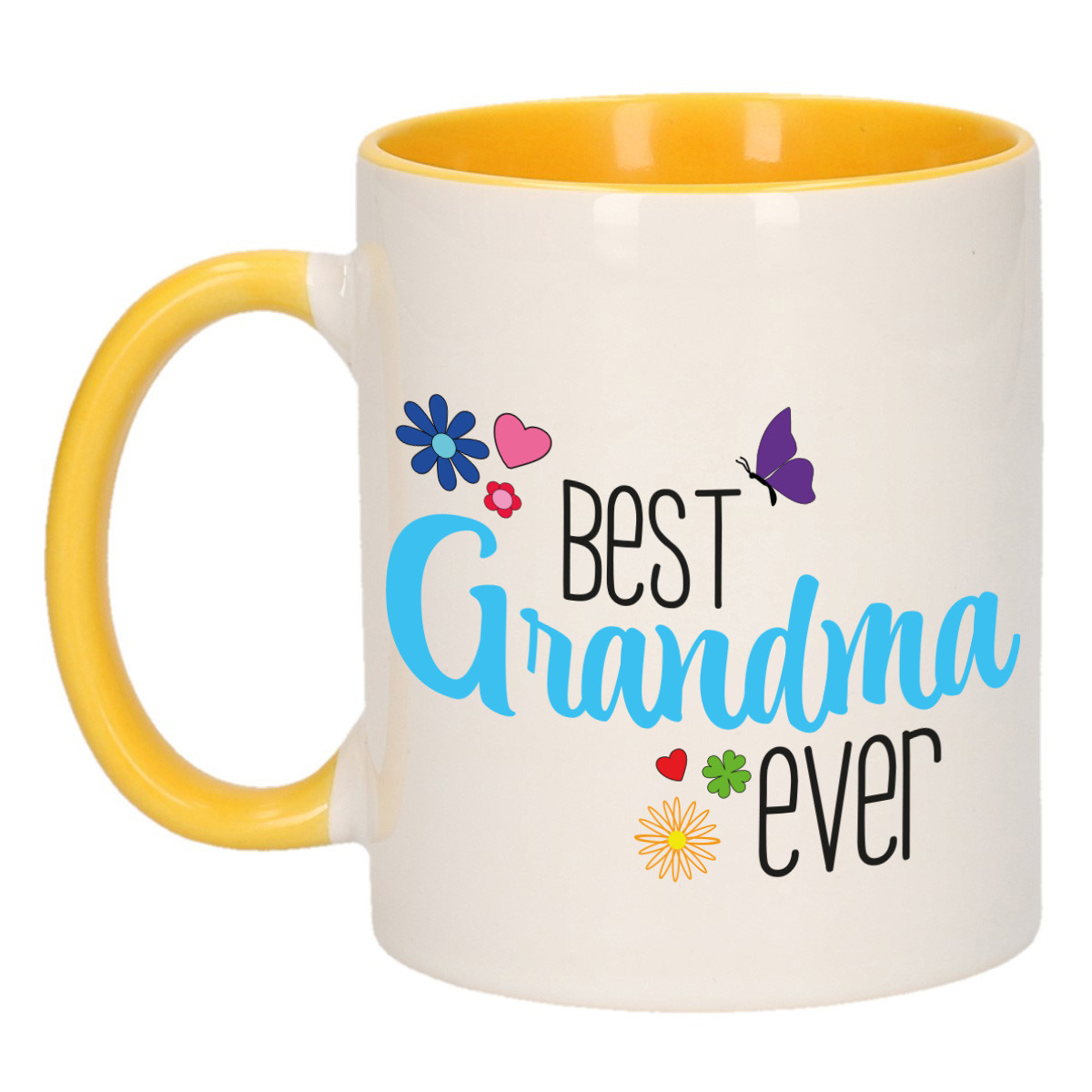 Cadeau koffie/thee mok voor oma - geel/blauw - beste oma - keramiek - 300 ml -