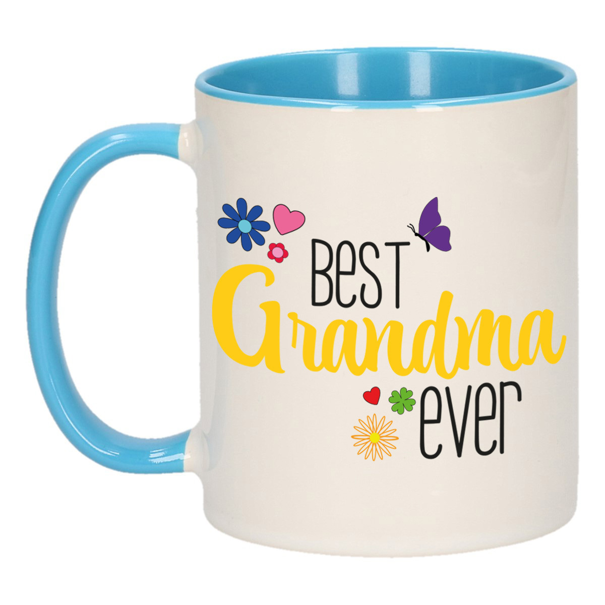 Cadeau koffie/thee mok voor oma - blauw/geel - beste oma - keramiek - 300 ml -