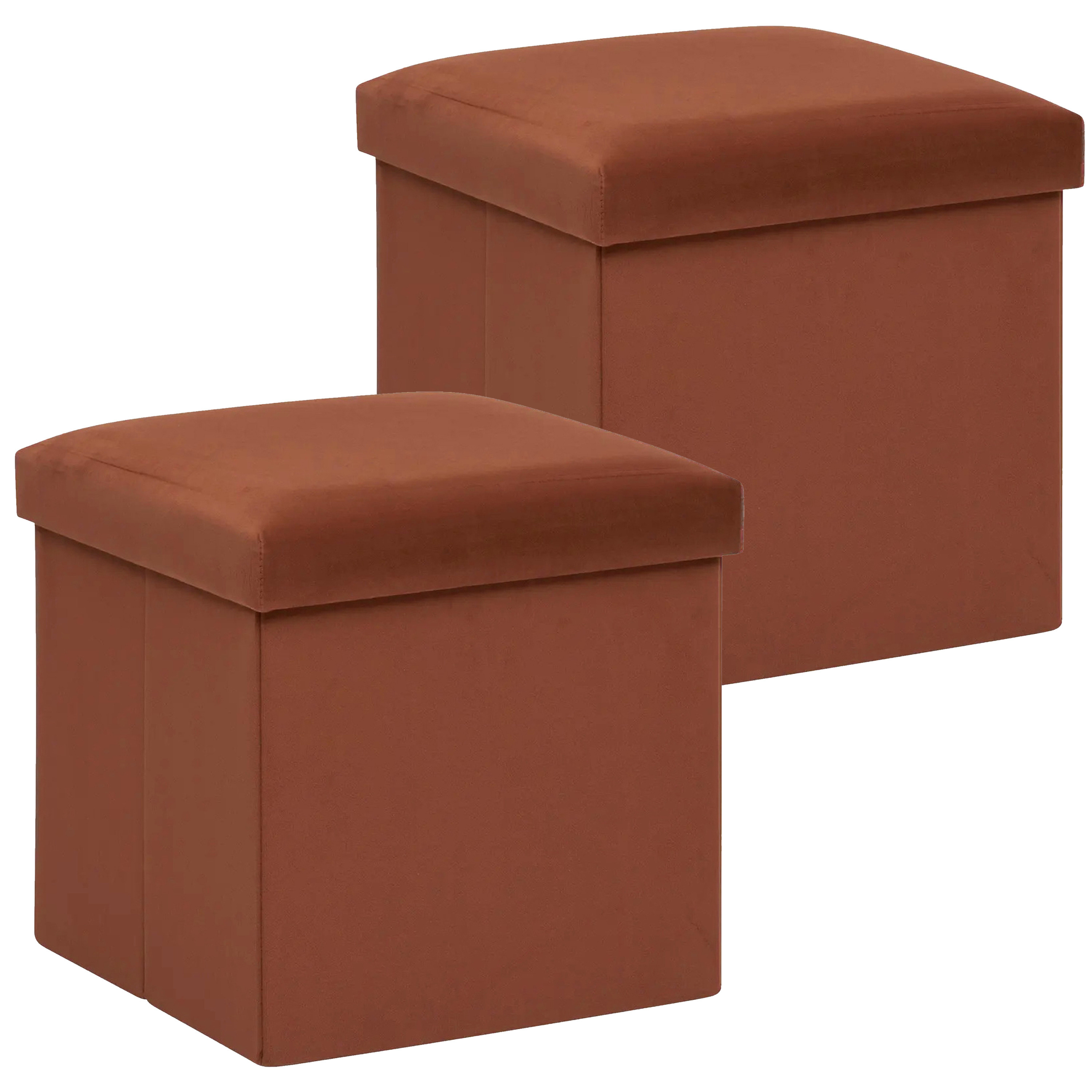 Poef/krukje/hocker Amber - 2x - Opvouwbare zit opslag box - fluweel roest bruin - D38 x H38 cm -
