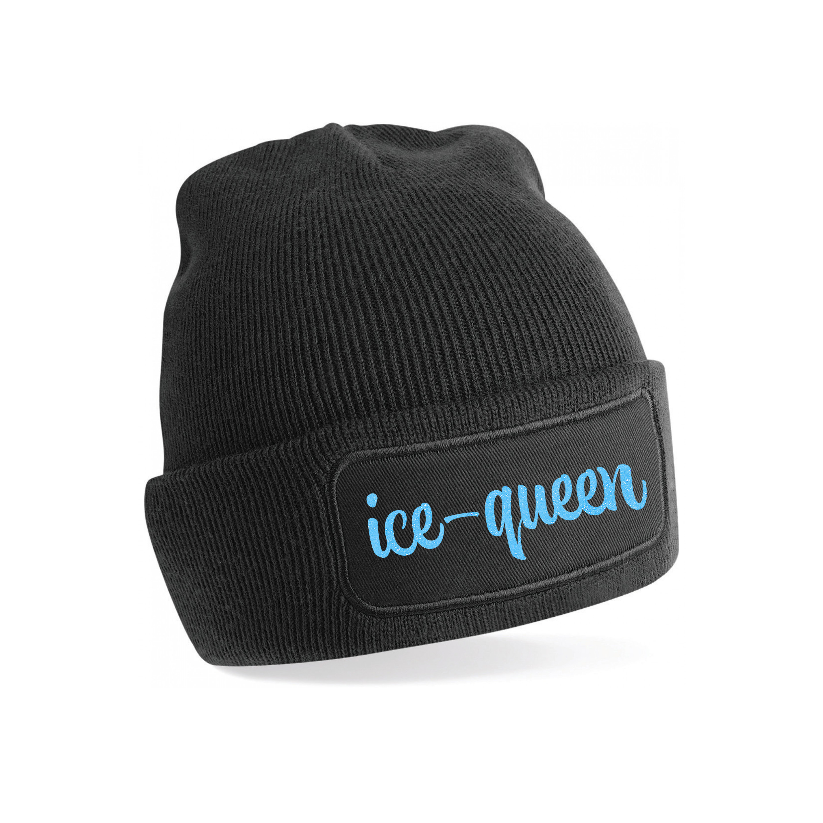 Wintersport muts voor volwassenen - Ice Queen - zwart - blauwe glitters - one size - Apres ski beani One size -