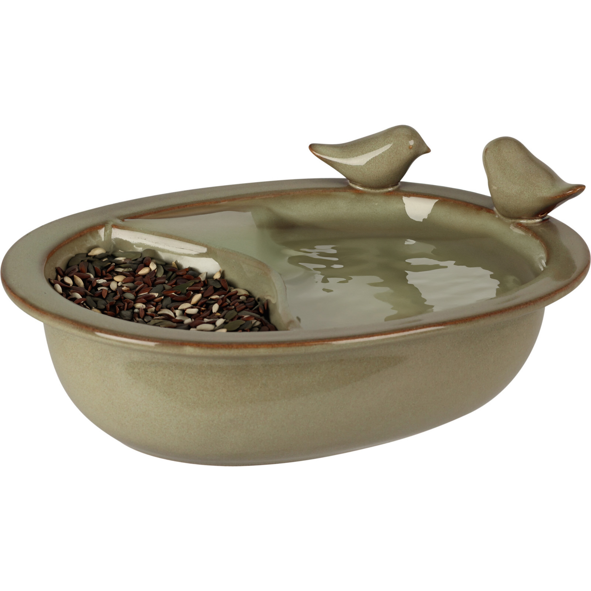 Vogelbad/voederschaal - saliegroen - keramiek - D20 x H8 cm - drinkschaal voor tuinvogels -