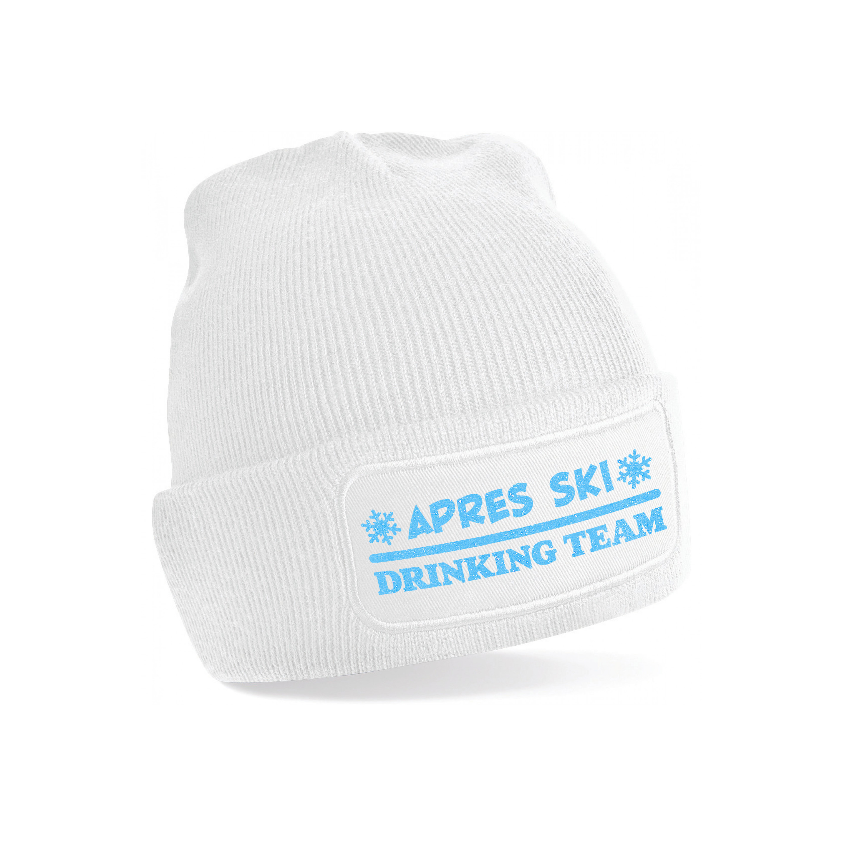 Wintersport muts voor volwassenen - Drinking Team - wit - blauwe glitter - one size - Apres ski One size -