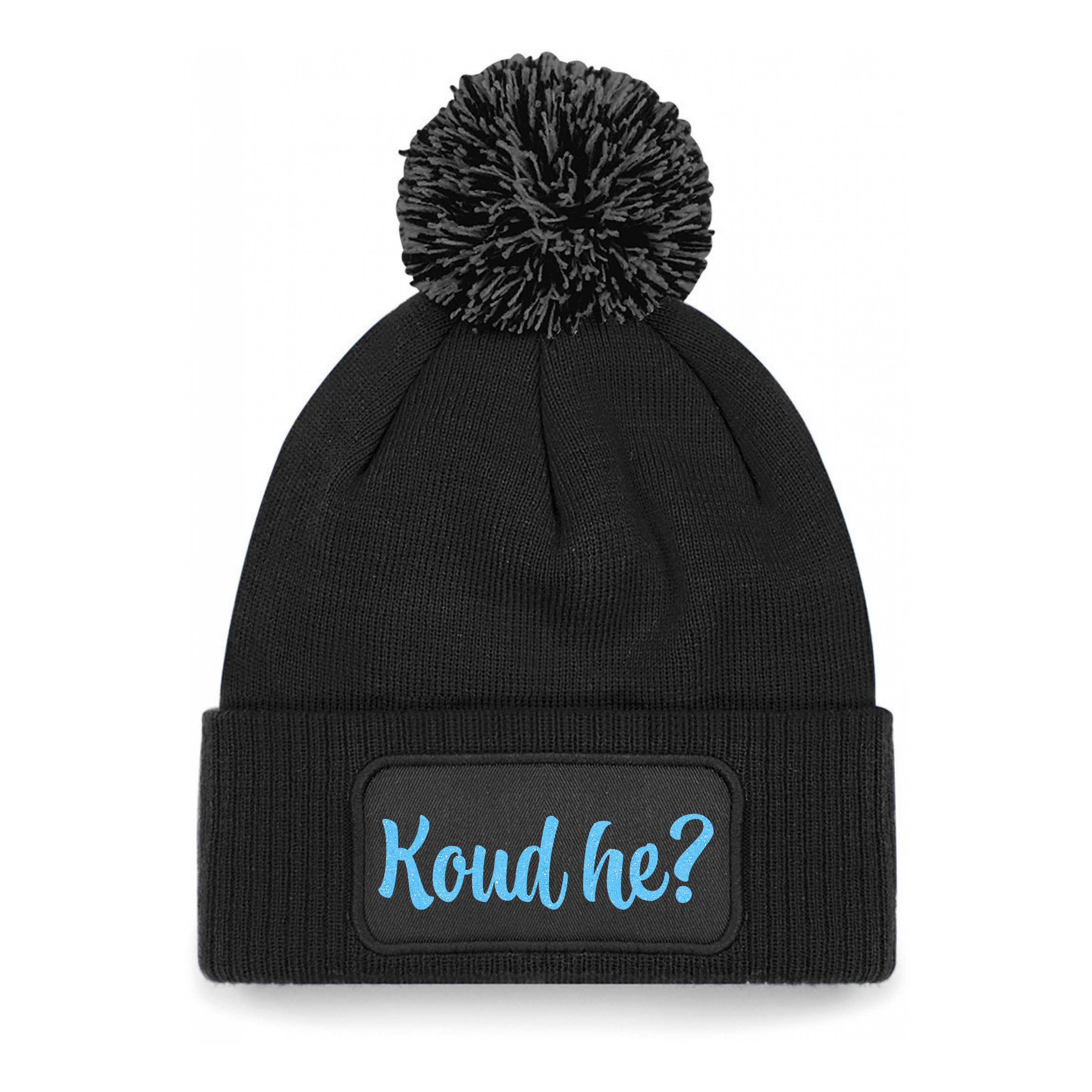 Wintersport muts met pompom - Koud He - zwart - blauwe glitters - one size - volwassenen - Apres ski One size -