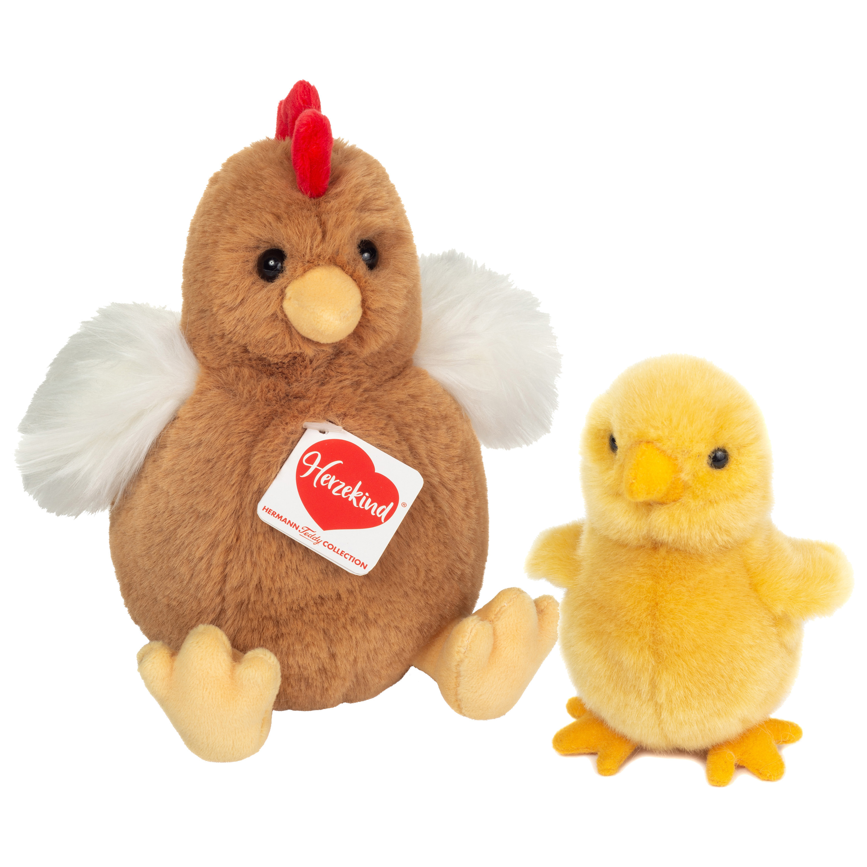 Hermann Teddy Pluche kip knuffel - 18 cm - multi kleur - met een kuiken van 10 cm - kippen familie -