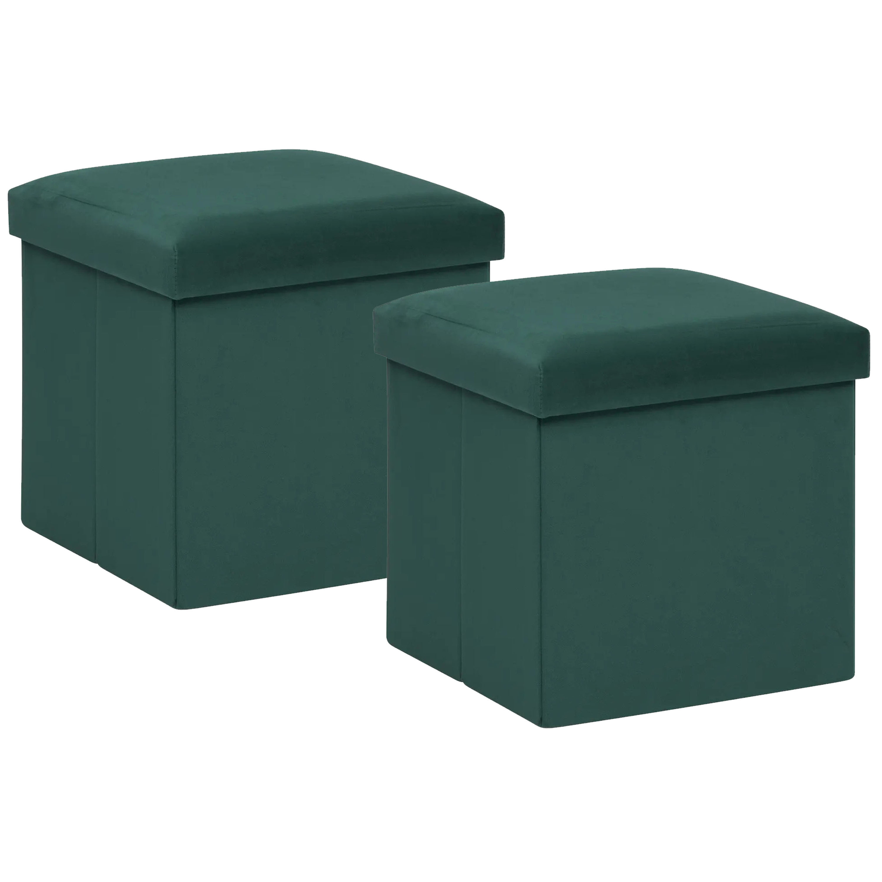 Poef/krukje/hocker Amber - 2x - Opvouwbare zit opslag box - fluweel smaragd groen - D38 x H38 cm -