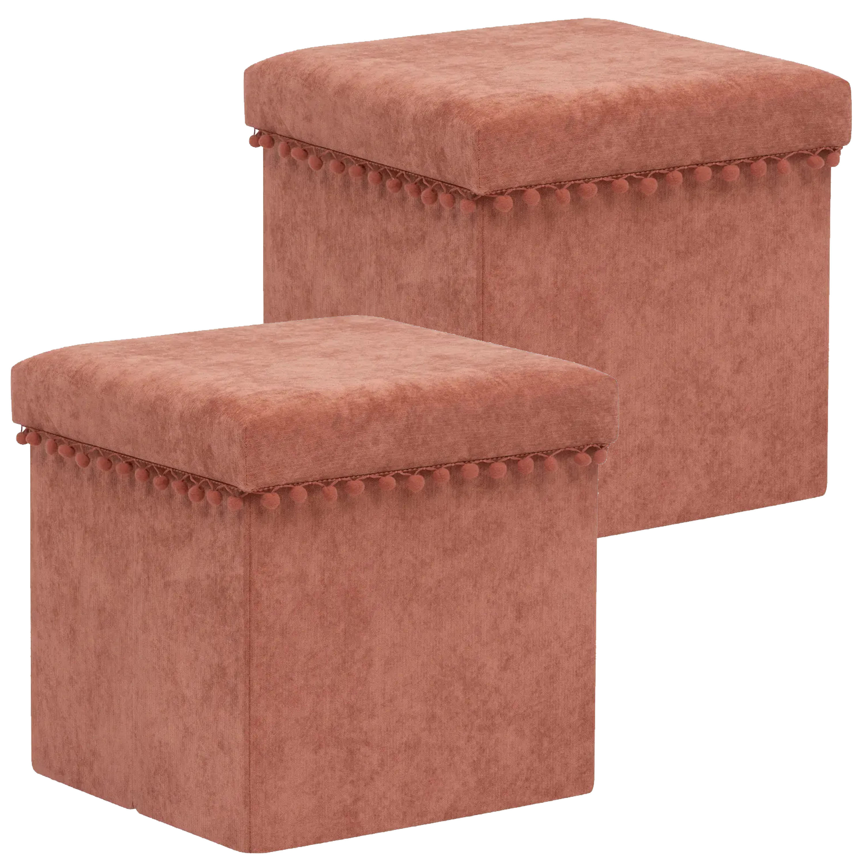 Poef/krukje/hocker Arabic - 2x - Opvouwbare zit opslag box - fluweel Steenrood - D38 x H38 cm -