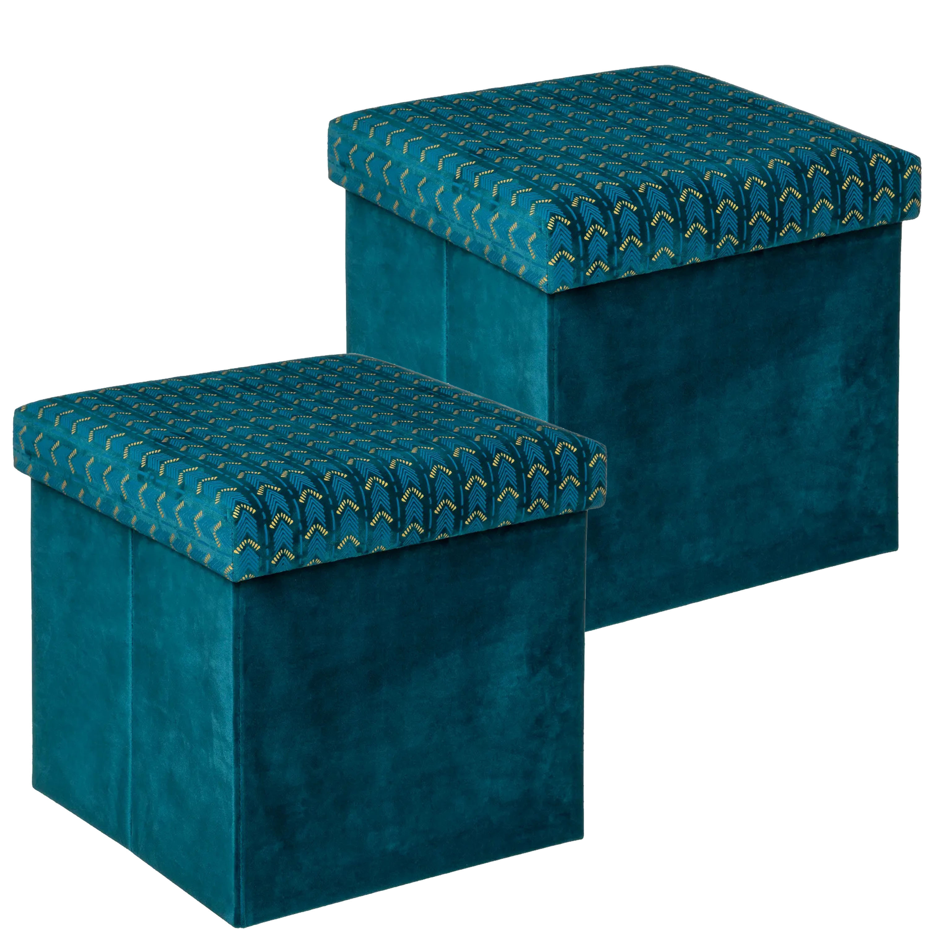 Poef/krukje/hocker Royal - 2x - Opvouwbare zit opslag box - fluweel Smaragd groen - D38 x H38 cm -
