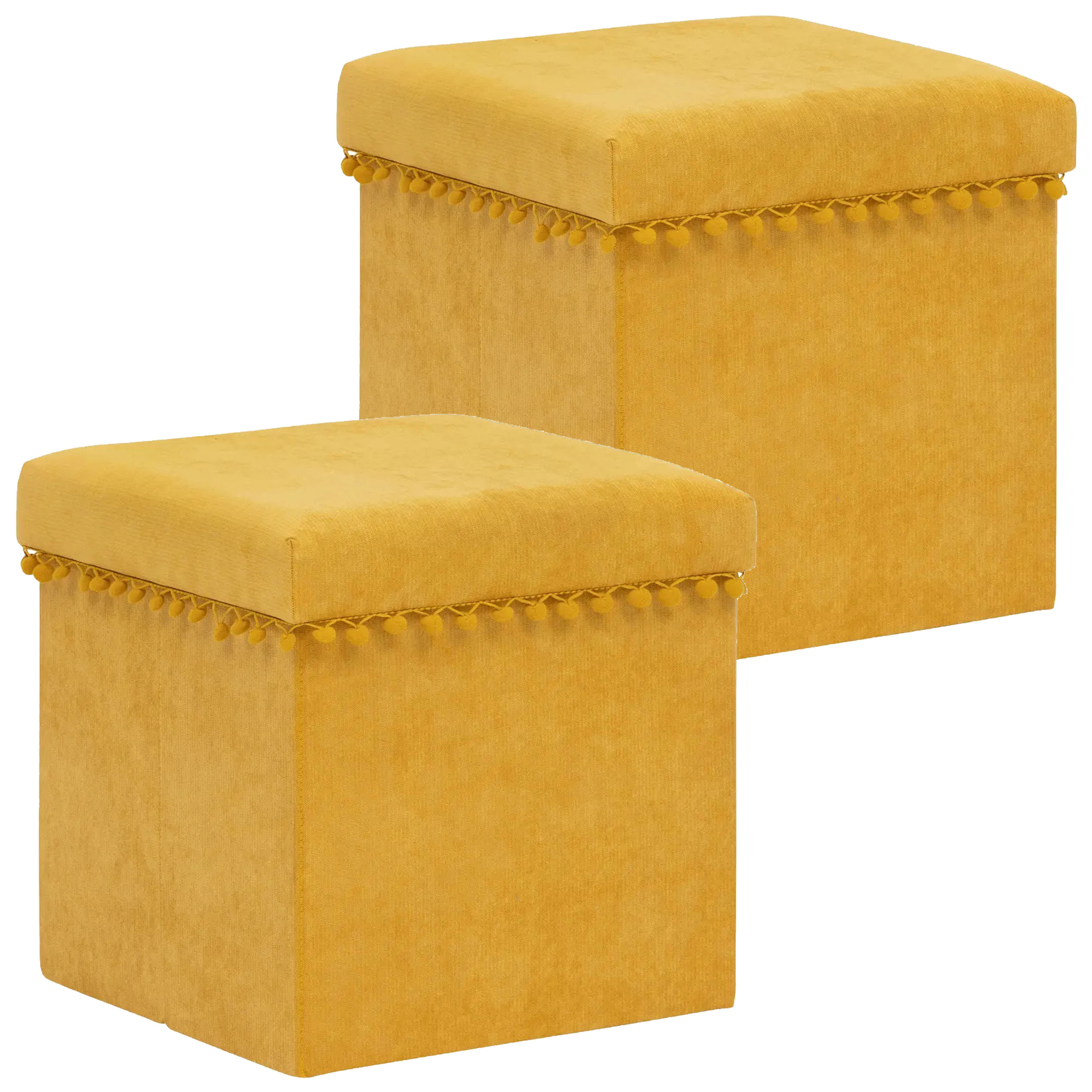 Poef/krukje/hocker Arabic - 2x - Opvouwbare zit opslag box - fluweel Okergeel - D38 x H38 cm -