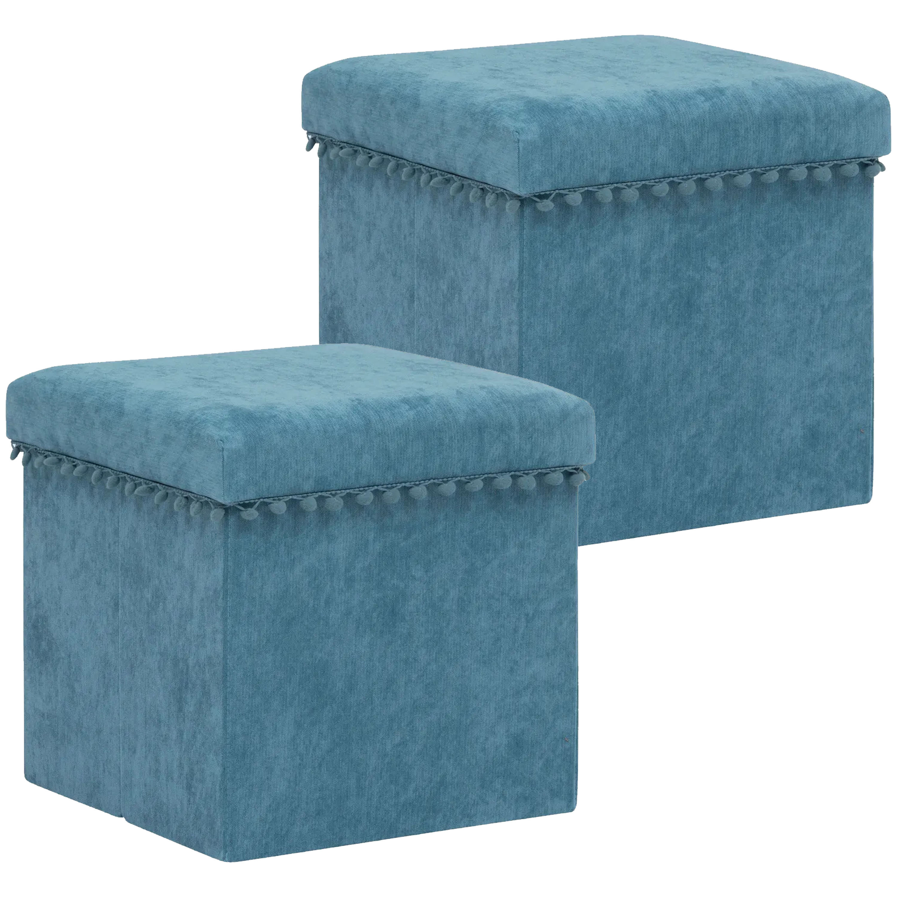 Poef/krukje/hocker Arabic - 2x - Opvouwbare zit opslag box - fluweel Blauw - D38 x H38 cm -